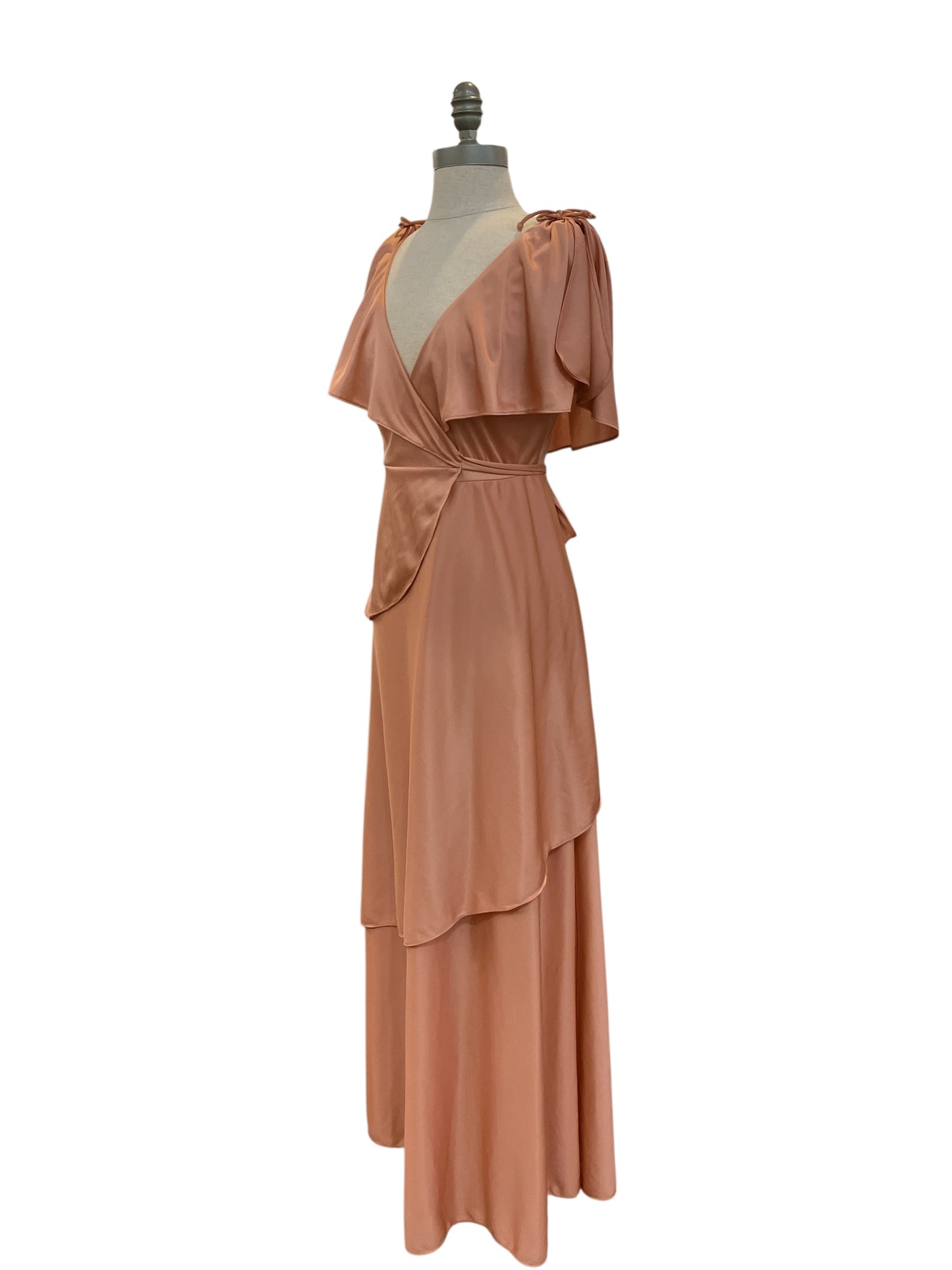 Vintage 1970s Union Made Dusty Rose Wrap Around Maxi Dress Three Tiered Tie Waist Plunging Neckline Cape Sleeve