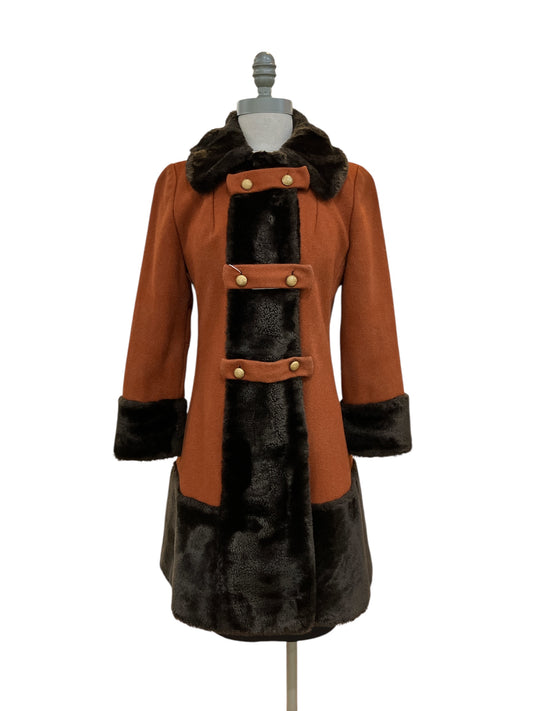 Vintage 1960s Union Made Susan Lynn Wool Blend With Faux Fur Trim Coat Maple and Chocolate Brown Color
