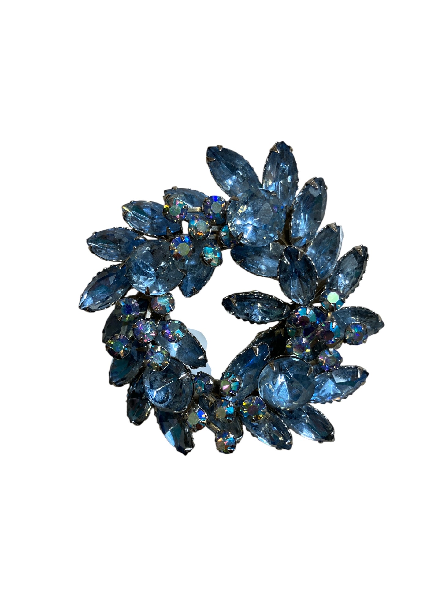Vintage Large Light Blue Wreath Shaped Rhinestone Pin