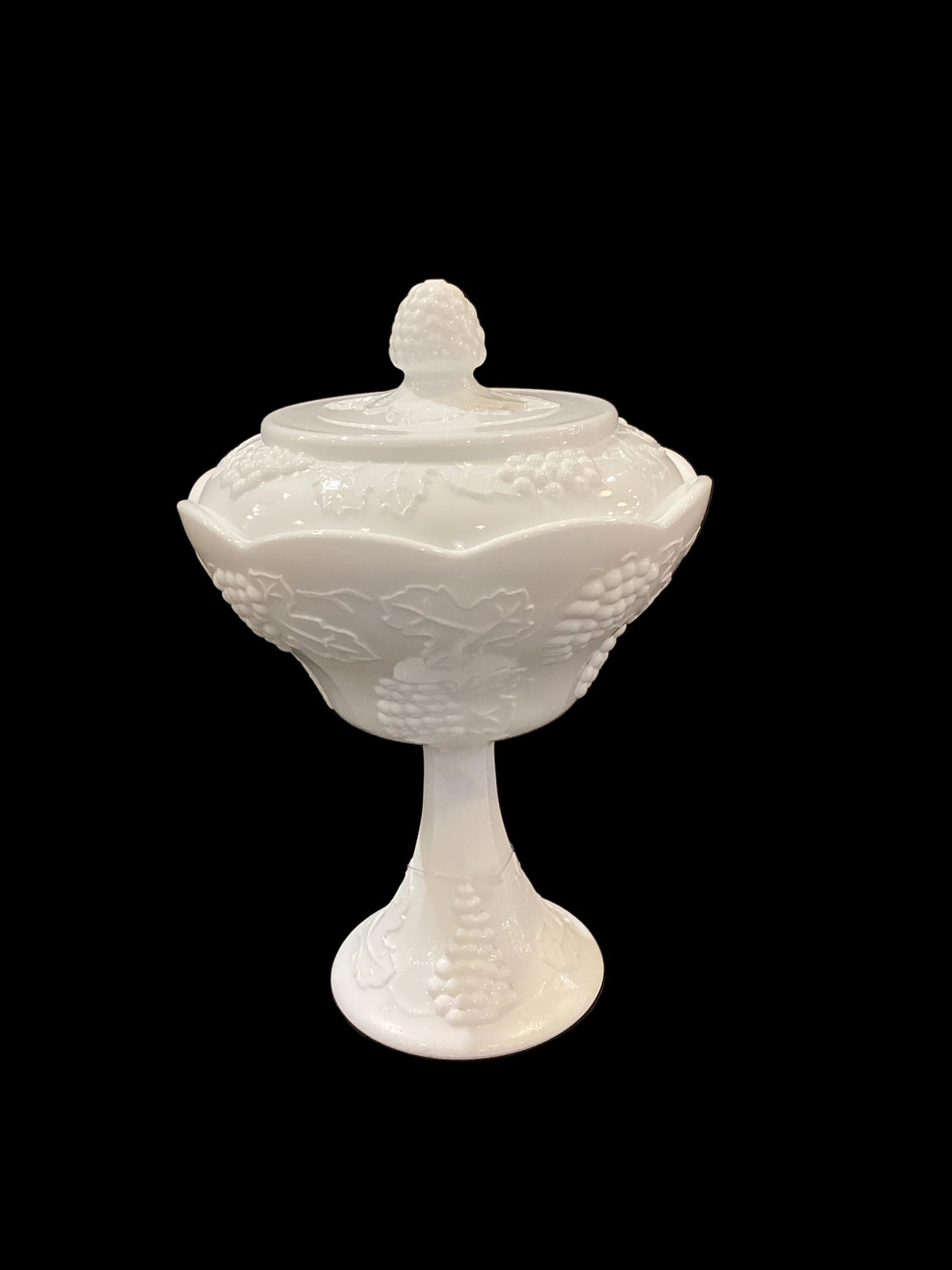 Vintage White Milk Glass Tall Footed Candy Dish Grape Pattern with Lid (1pc, Lid & Base)