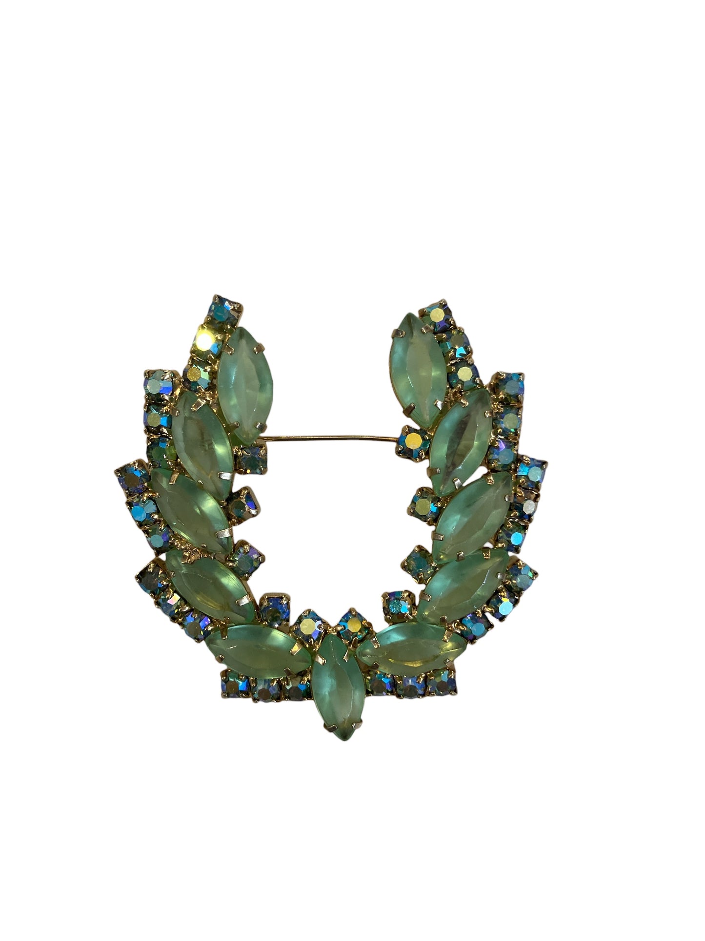 Vintage Juliana Pin Lime Green Horseshoe Shape with Light Green Pale Iridescent Stones Costume Jewelry Handmade