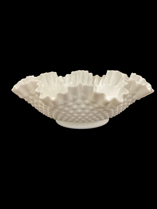 Vintage Marked Fenton Milk Glass Large White Hobnail Bowl Crimped Edge (1pc)