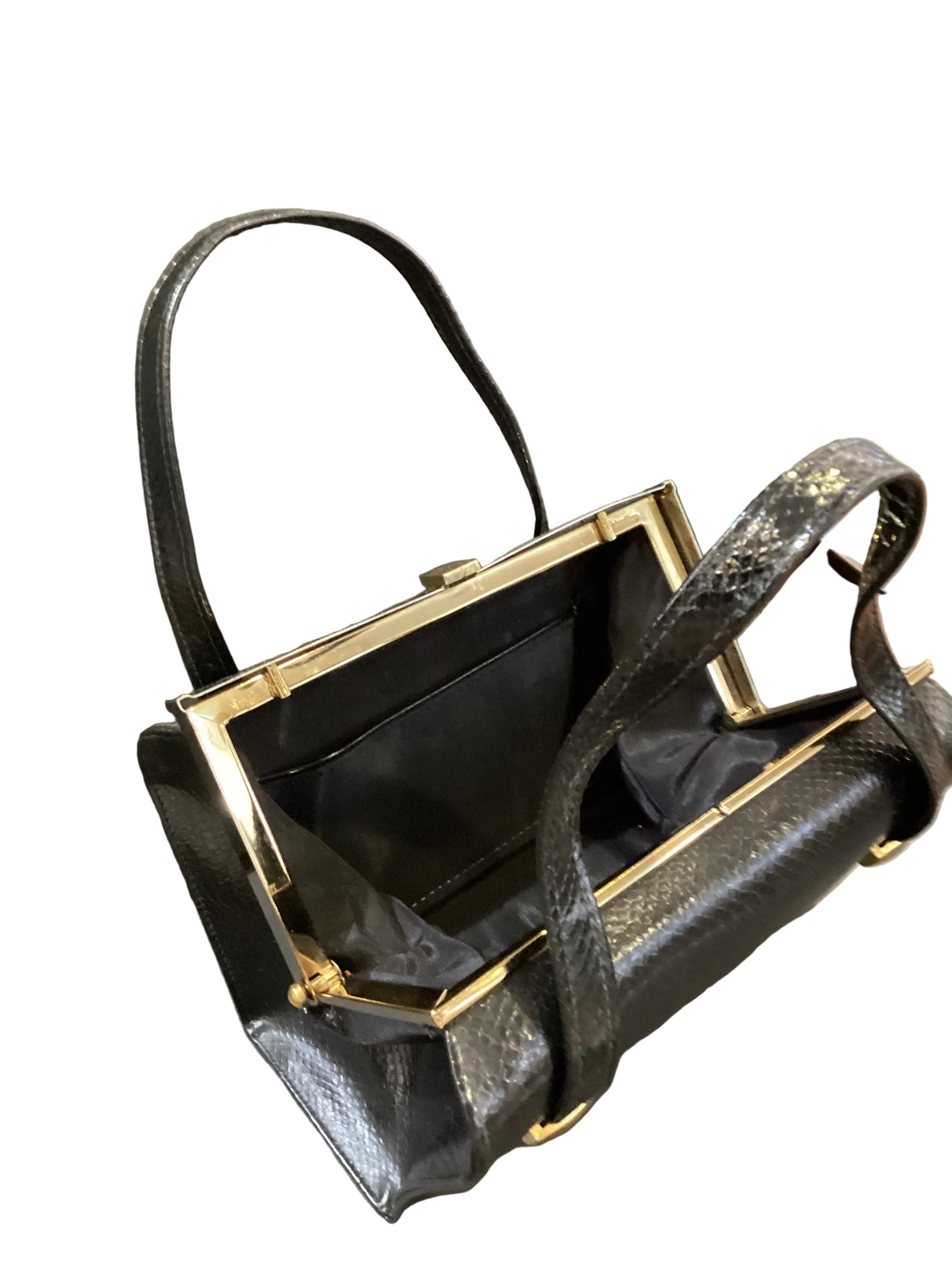 Vintage 1940s-1950s Black Leather Reptile Skin Purse Gold Hardware