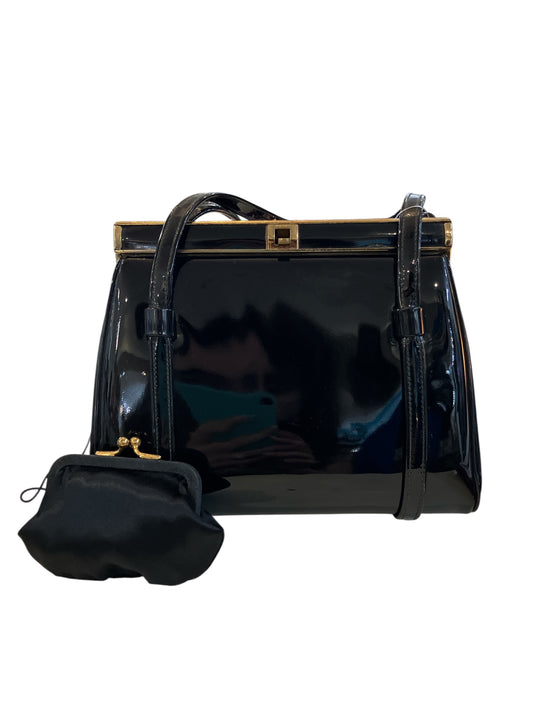 Vintage 1940s L&M A Spot-Lite Reg Exclusive Black High Gloss Gold Hardware Bag With Satin Coin Purse Attached Inside