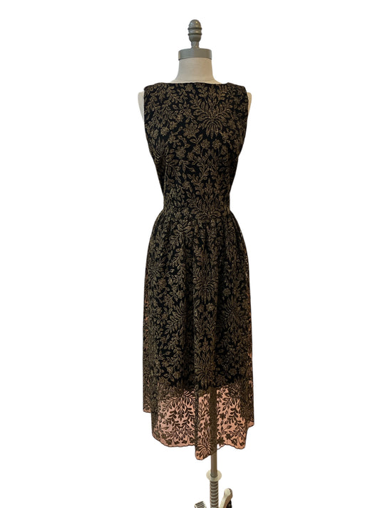 Designer Ralph Lauren New With Tags Vintage Style Black Lace Gold Metallic A Line Dress Size 12