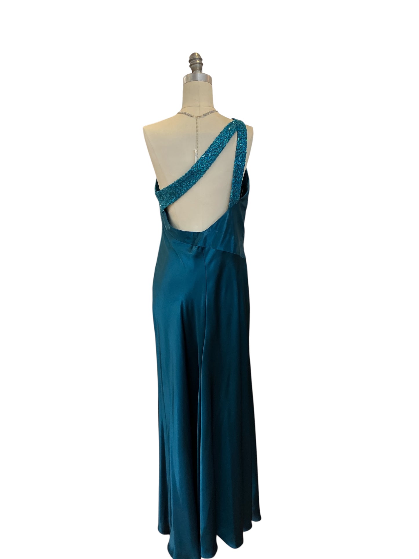 Vintage New With Tags Jessica McClintock Blue Asymmetrical Gown with Sequins Open Back One Shoulder