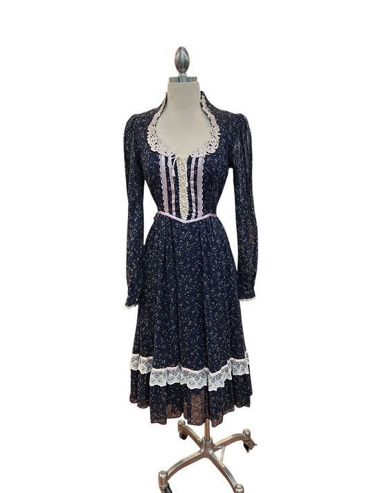 Vintage Gunne Sax Navy Blue Floral Voile with White Lace Trim