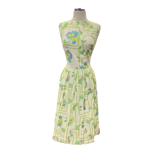 Vintage Handmade Late 1950s Early 1960s Abstract Orchid Print Box Pleat Sundress Tea Length Ivory Violet Green Blue and Yellow Approximately Size Medium (Pinned in Photos)