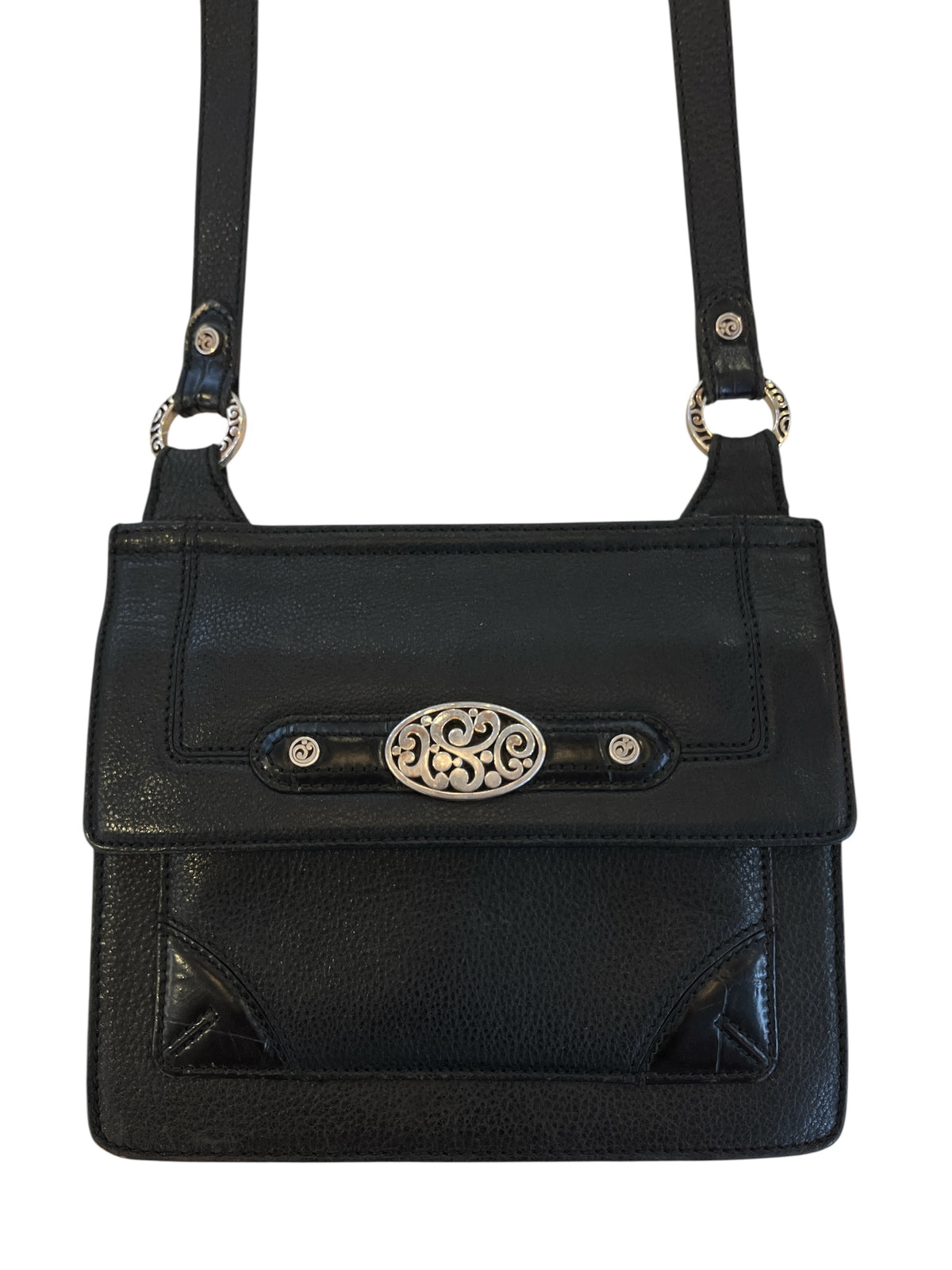 Vintage Brighton Crossbody Multi Compartment Solid Black Pebble Leather Beige Brown Black Printed Lining