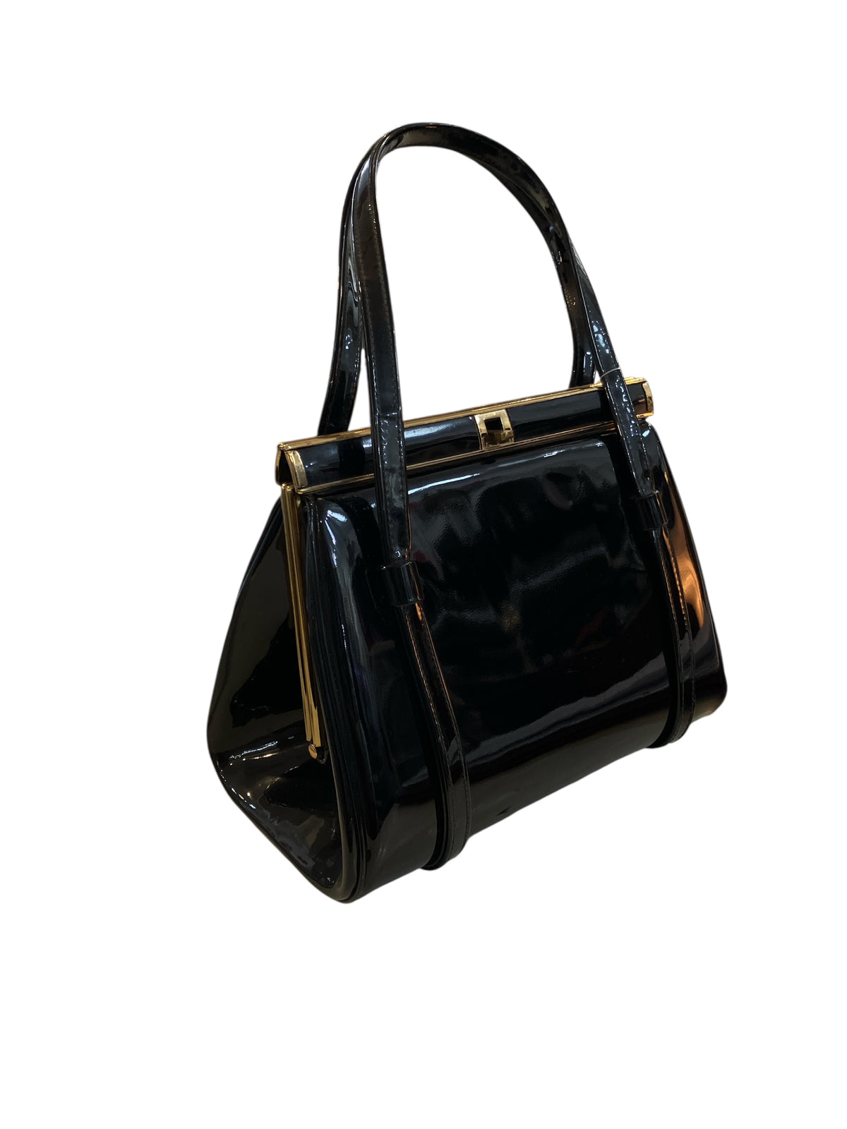 Vintage 1940s L&M A Spot-Lite Reg Exclusive Black High Gloss Gold Hardware Bag With Satin Coin Purse Attached Inside