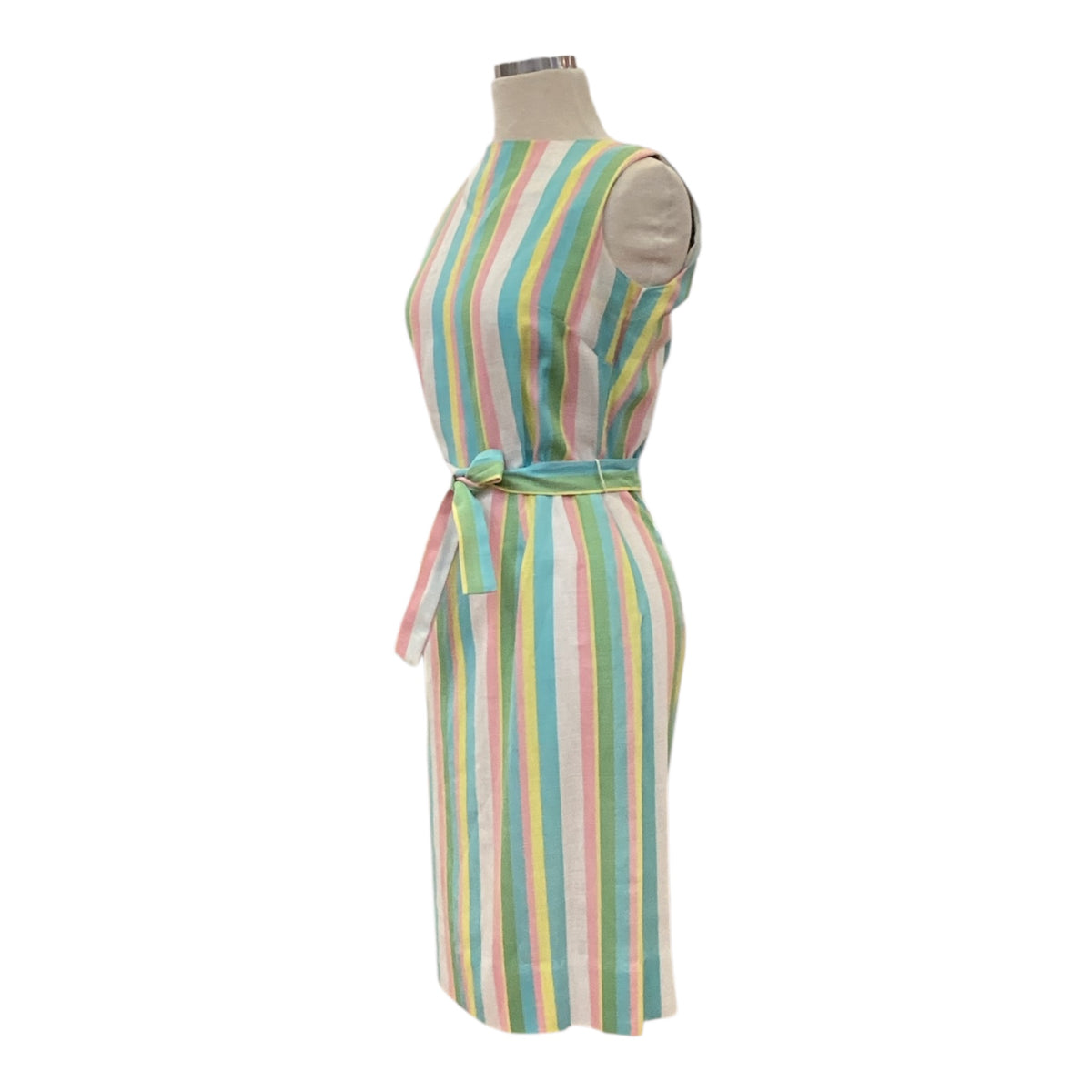 Vintage 1950s Gallant California Linen Boatneck Sundress Pink Yellow Green Blue White Vertical Stripe Tie Waist Summer