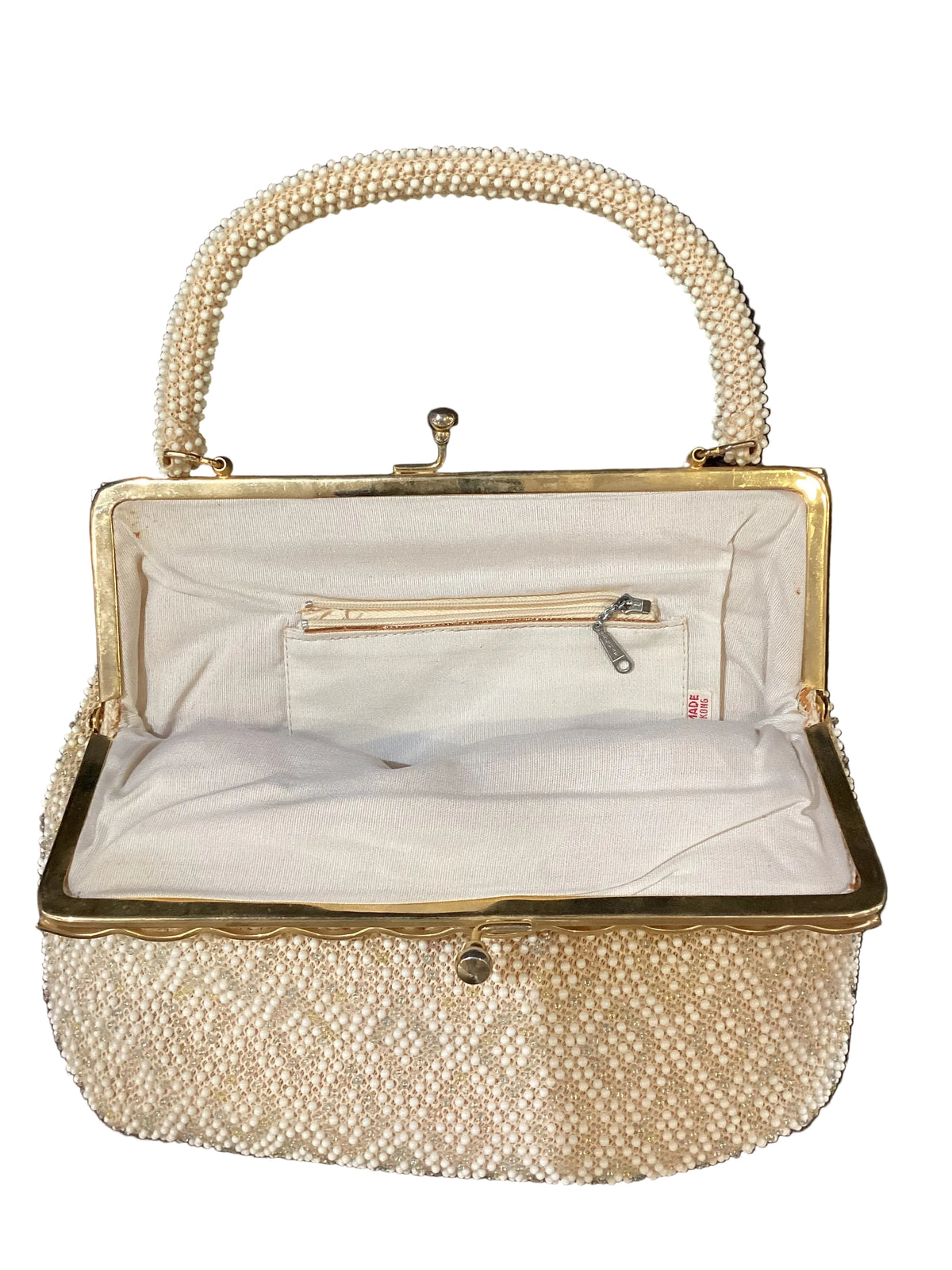 Vintage Soft Ivory Kisslock Beaded Purse with Faux Pearls Pastel Beads White Lucite Gold Accents