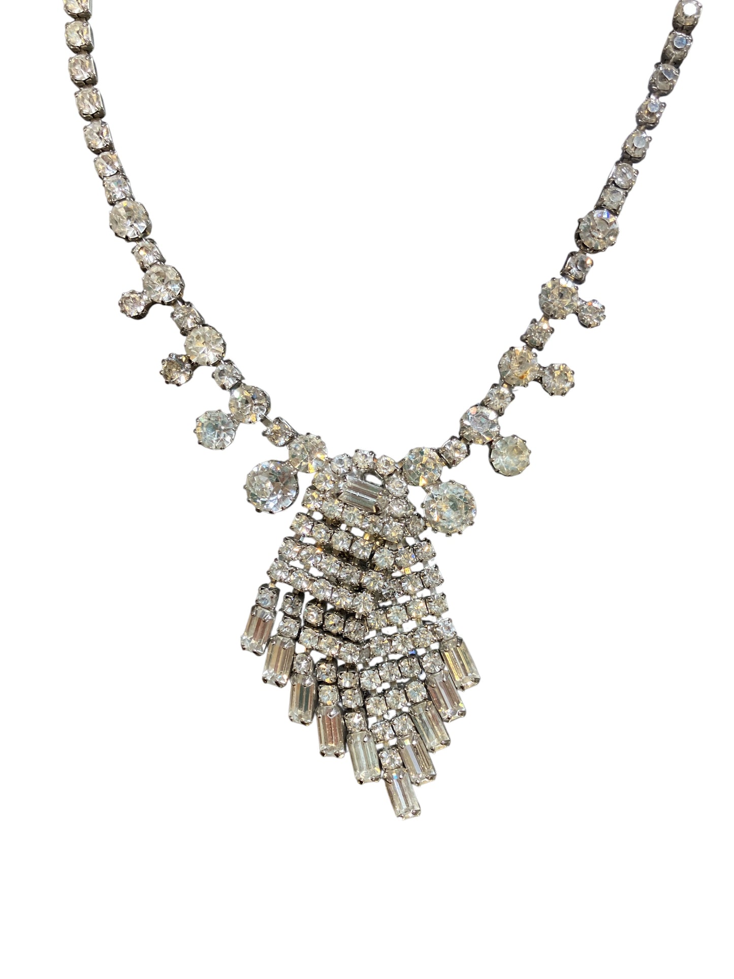 Vintage Weiss Rhinestone Costume Jewelry Chunky Overlapping Pendant 14in Necklace Clear Excellent Condition
