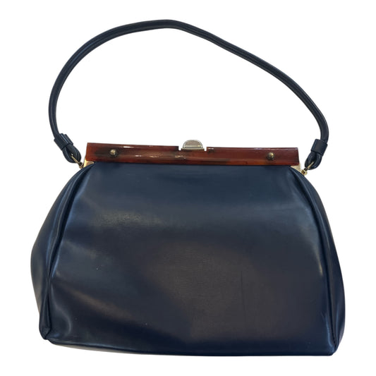 Vintage Navy Blue Bag with Brown Lucite Closure and Brass Hardware Excellent Condition