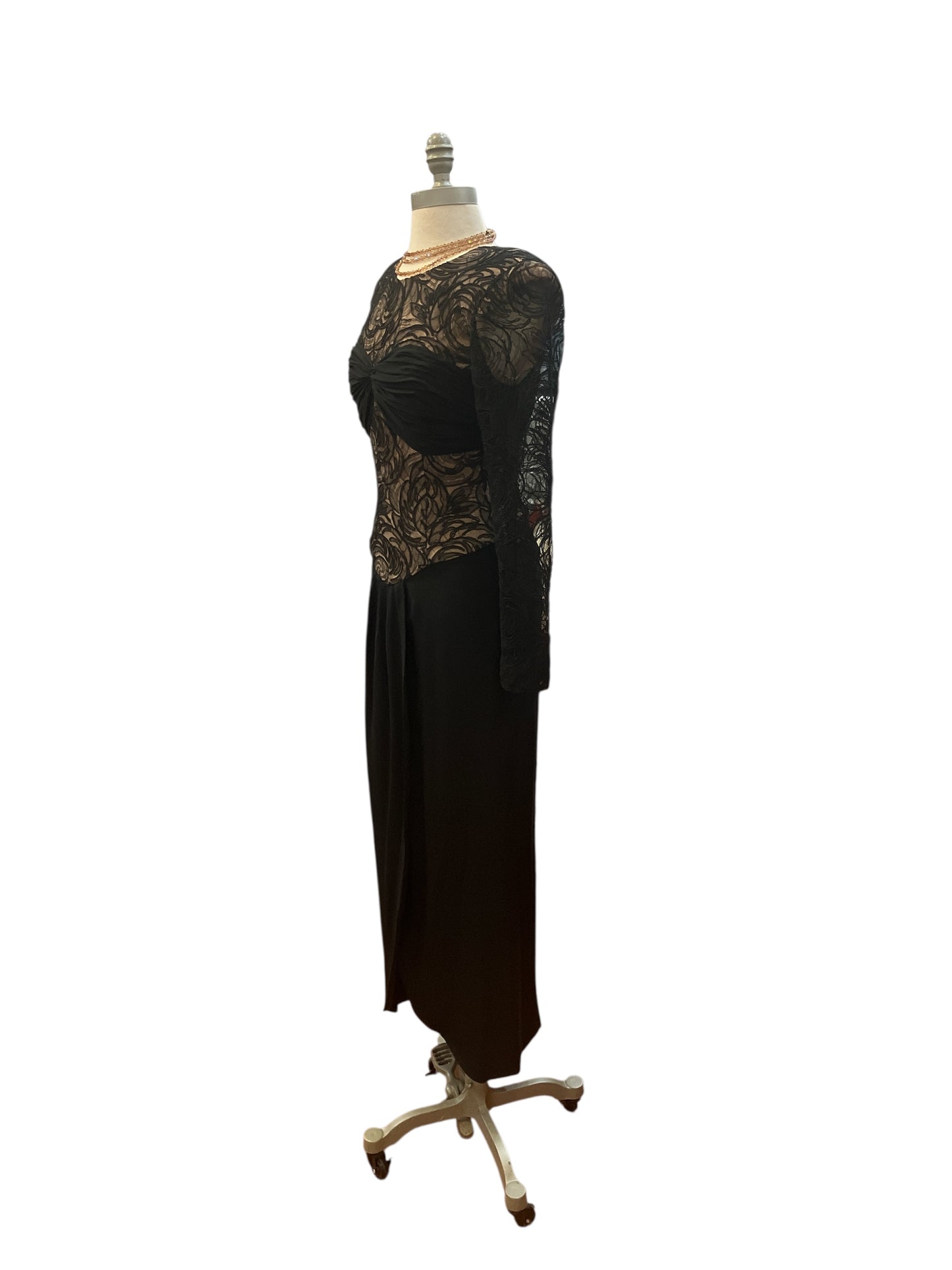 Vintage 1980s Custom Made Black and Nude Lace Illusion Dress with Shoulder Pads