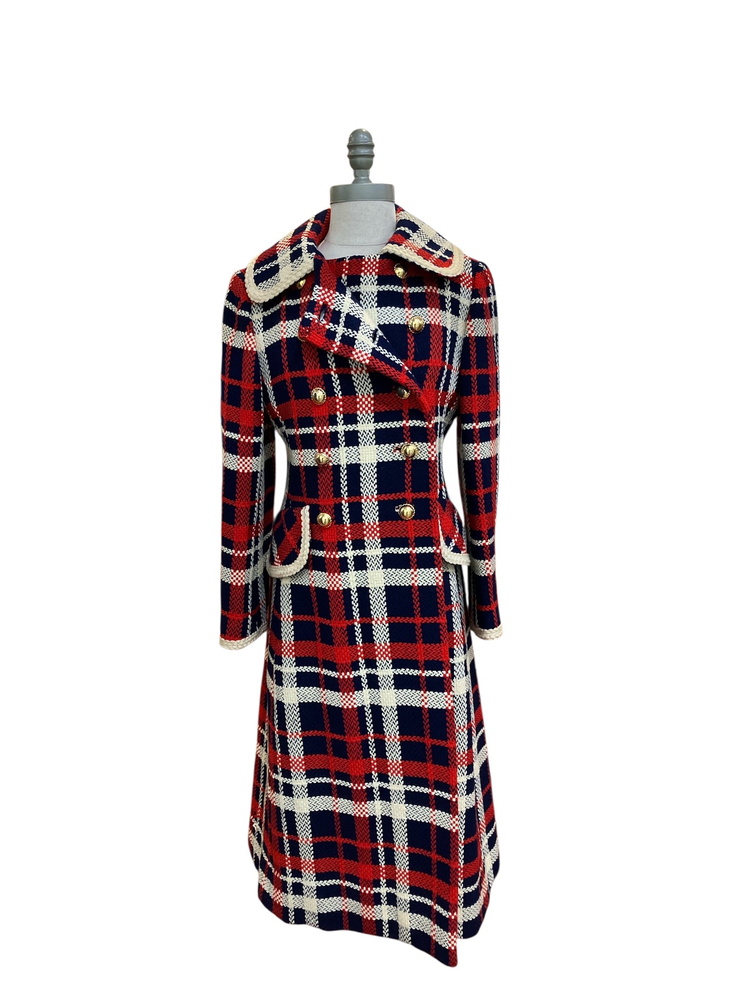 Vintage I. Magnin Couture 1971 Union Made Red White and Blue Plaid Wool Double Breasted Coat Gold Buttons