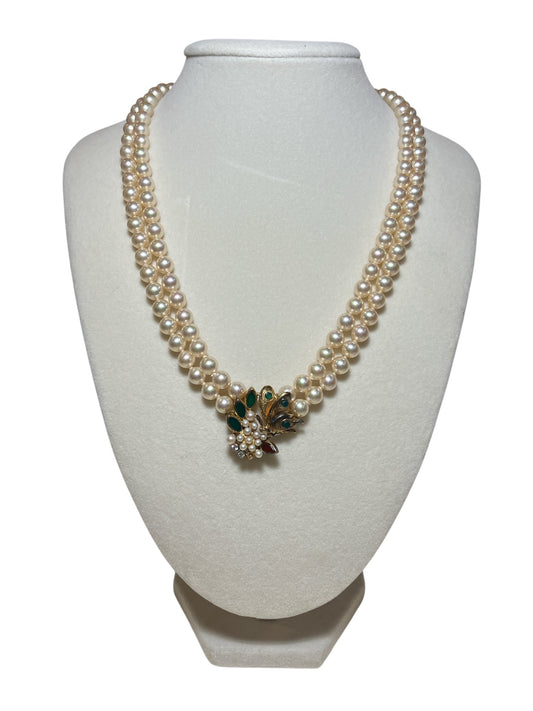 Vintage 1950s Double Strand Faux Pearl Necklace With Gold Tone Ornate Butterlfy and Leaf Motif Center and Decorative Clasp
