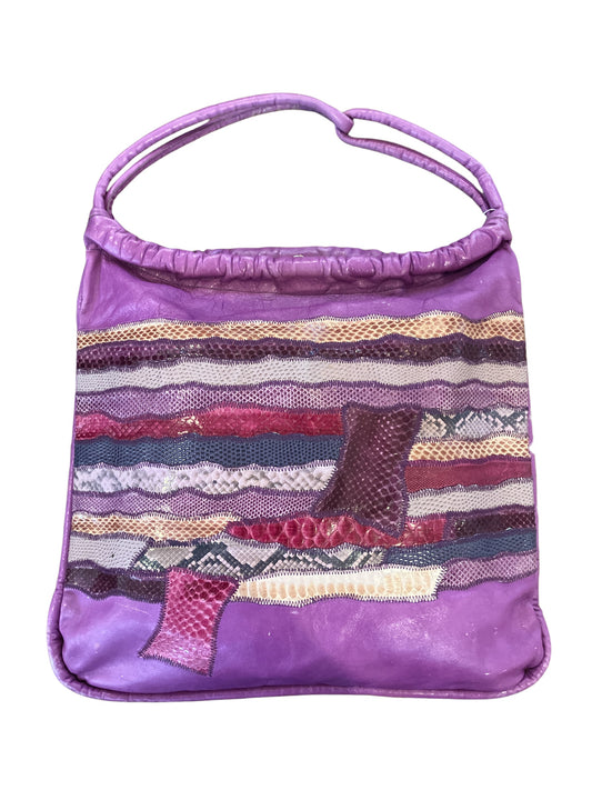 Vintage Authentic Snake Skin and Leather Patchwork Striped Purple “Vasilis For Trotting” Brand Tote Bag