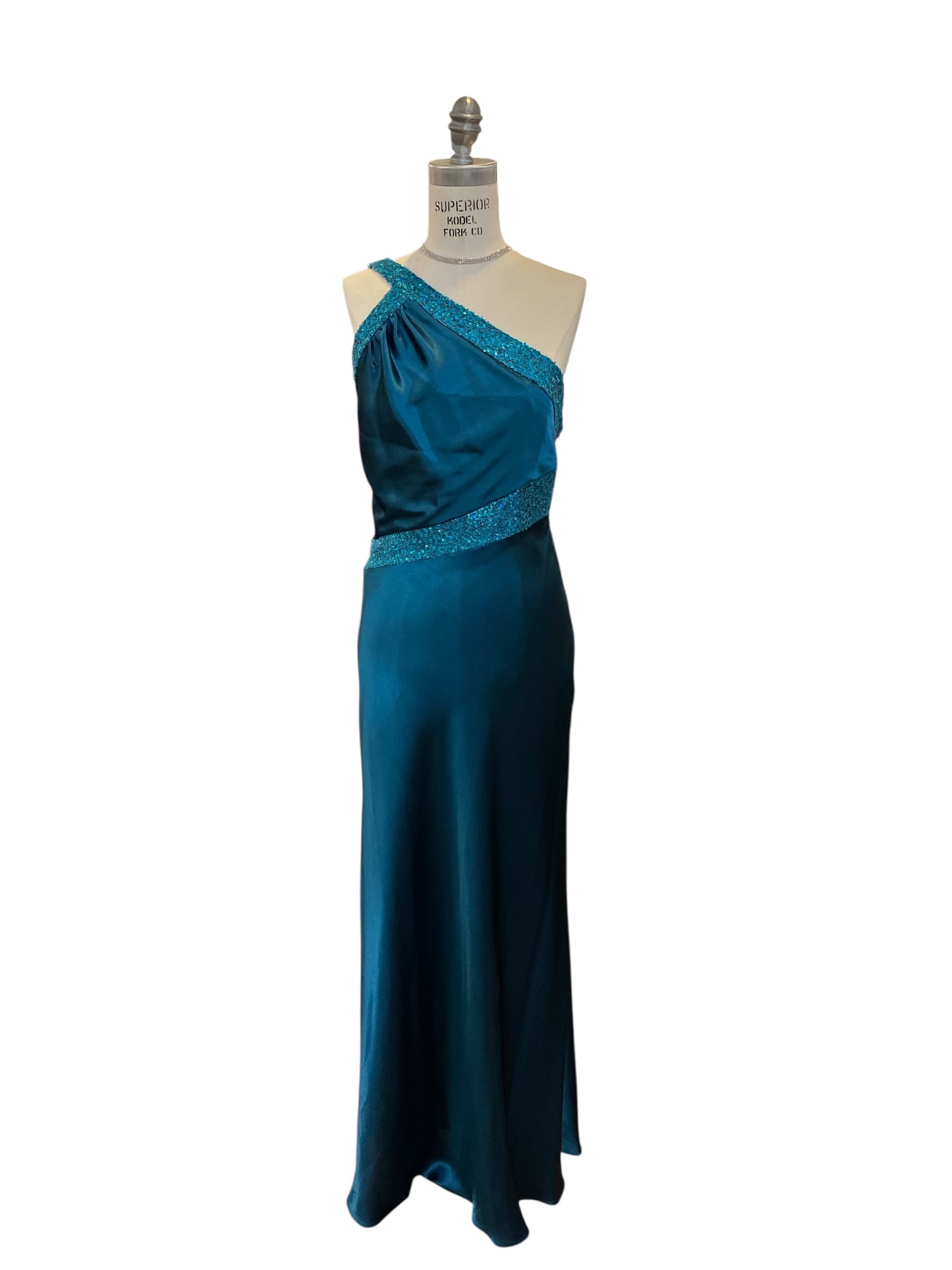 Vintage New With Tags Jessica McClintock Blue Asymmetrical Gown with Sequins Open Back One Shoulder