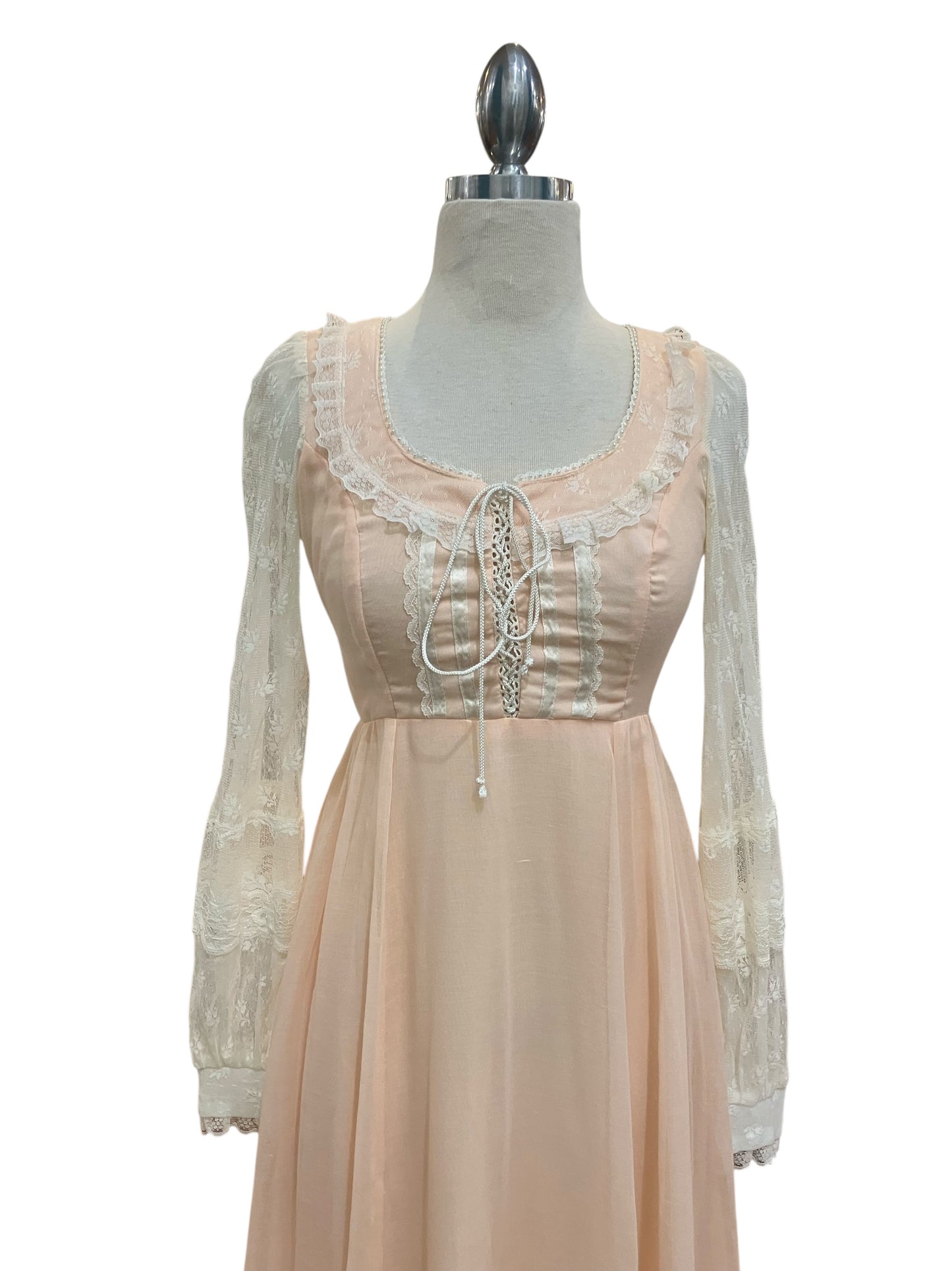 Vintage Gunne Sax Pale Pink Cotton Voile Lace Up Prairie Dress with Scoop Neck and Lace Sleeves