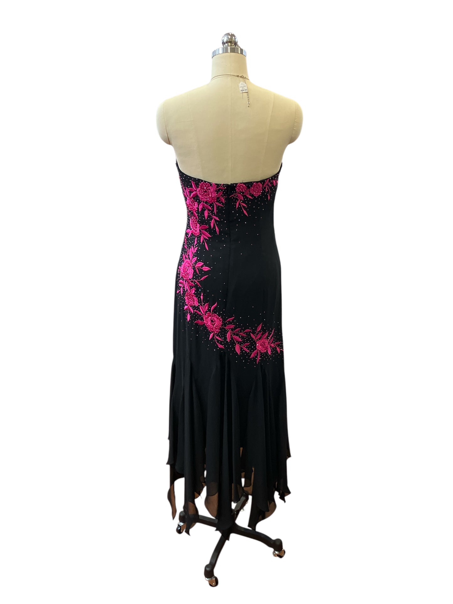Vintage Style Black Chiffon Hot Pink Floral Appliqué Beaded Strapless Dress