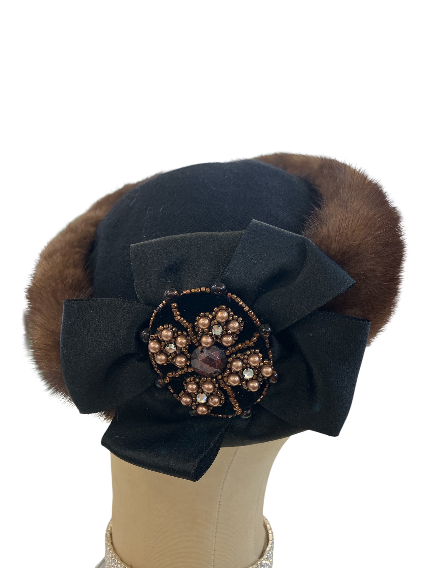 Vintage Bergdorf Goodman Custom One of a Kind Ladies Mink Dress Hat with Amber Rhinestone and Faux Pearl Beading
