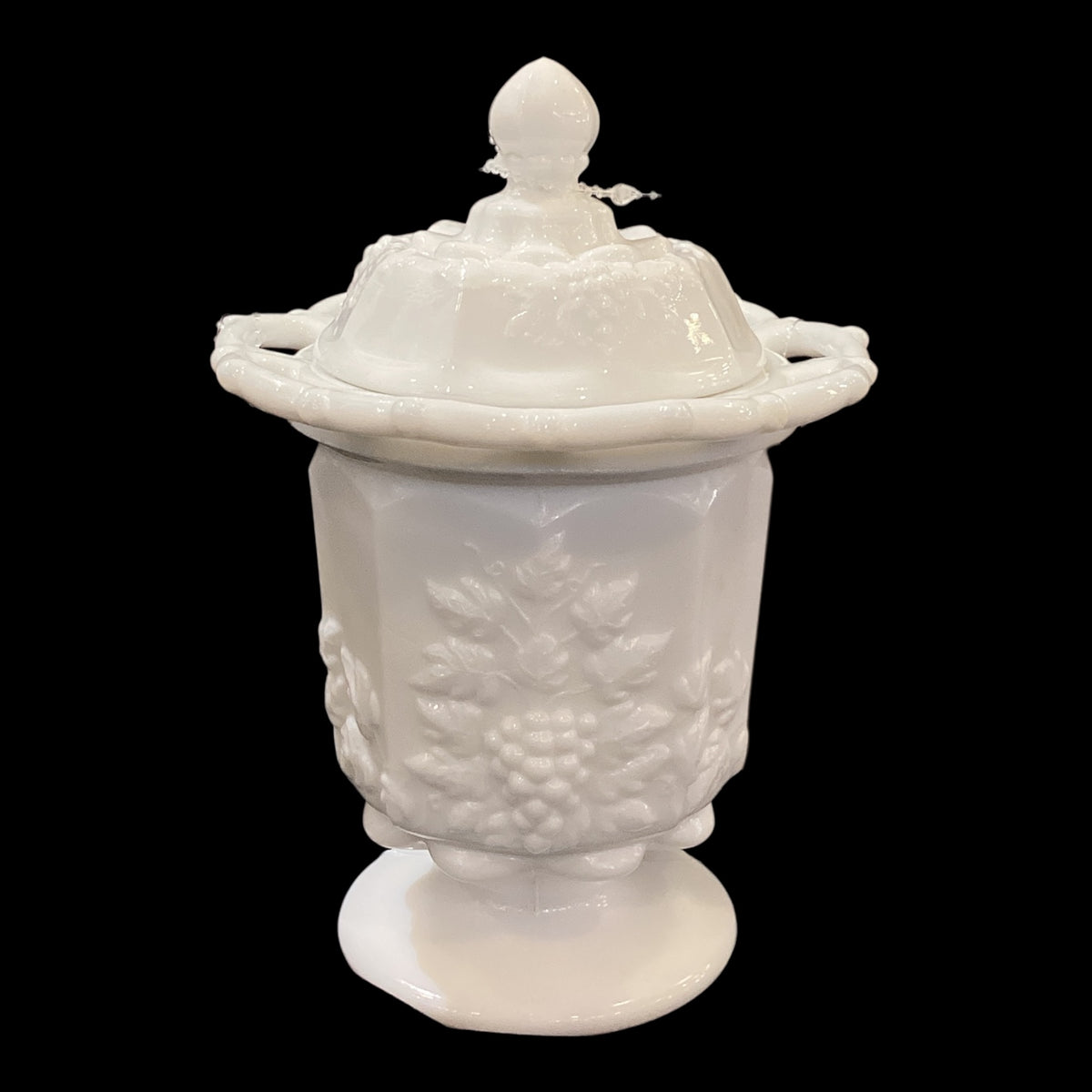 Vintage Milk Glass Candy Dish With Lid Grape Pattern White Open Edge Design (2pc 1 Dish 1 Lid)