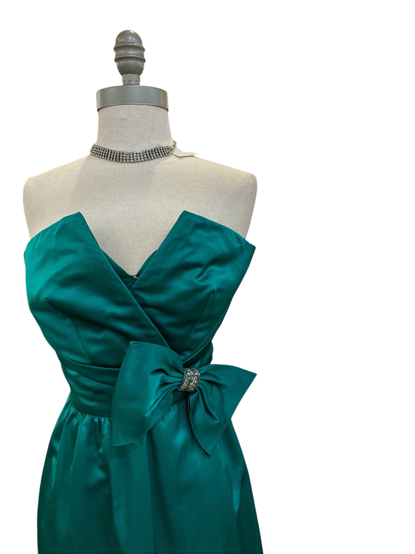 Vintage 1950s Handmade Blue/Green Strapless Wiggle Dress With Large Bow and Rhinestone Detail