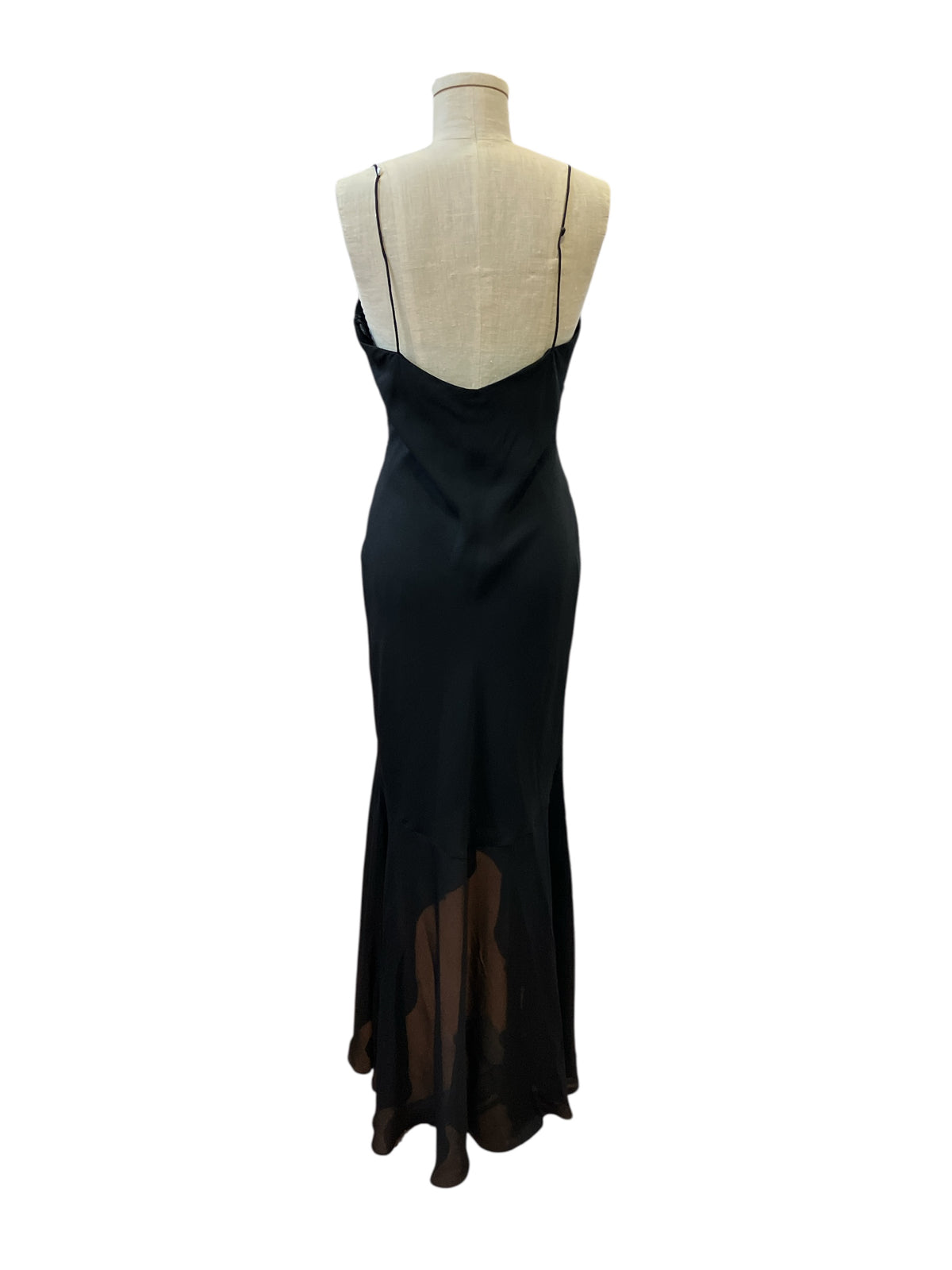 Vintage Zum Zum by Niki Livas Black High Low Bias Cut Chiffon Dress with Hot Pink Ribbon Rosette Detail
