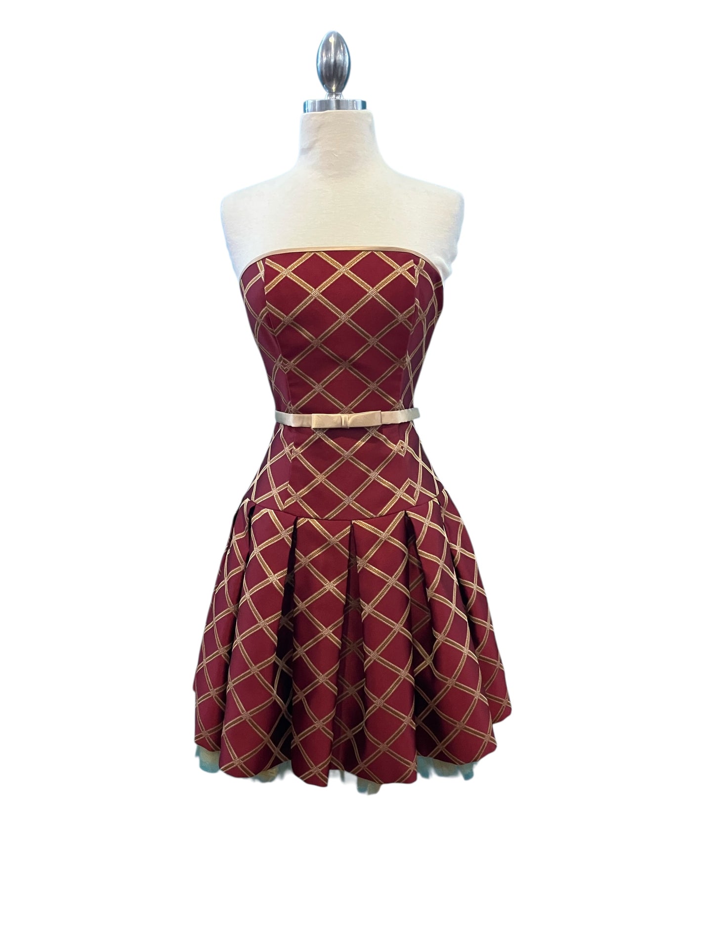 Vintage Jessica McClintock Maroon and Gold Short Formal Dress w/ Gold Tulle