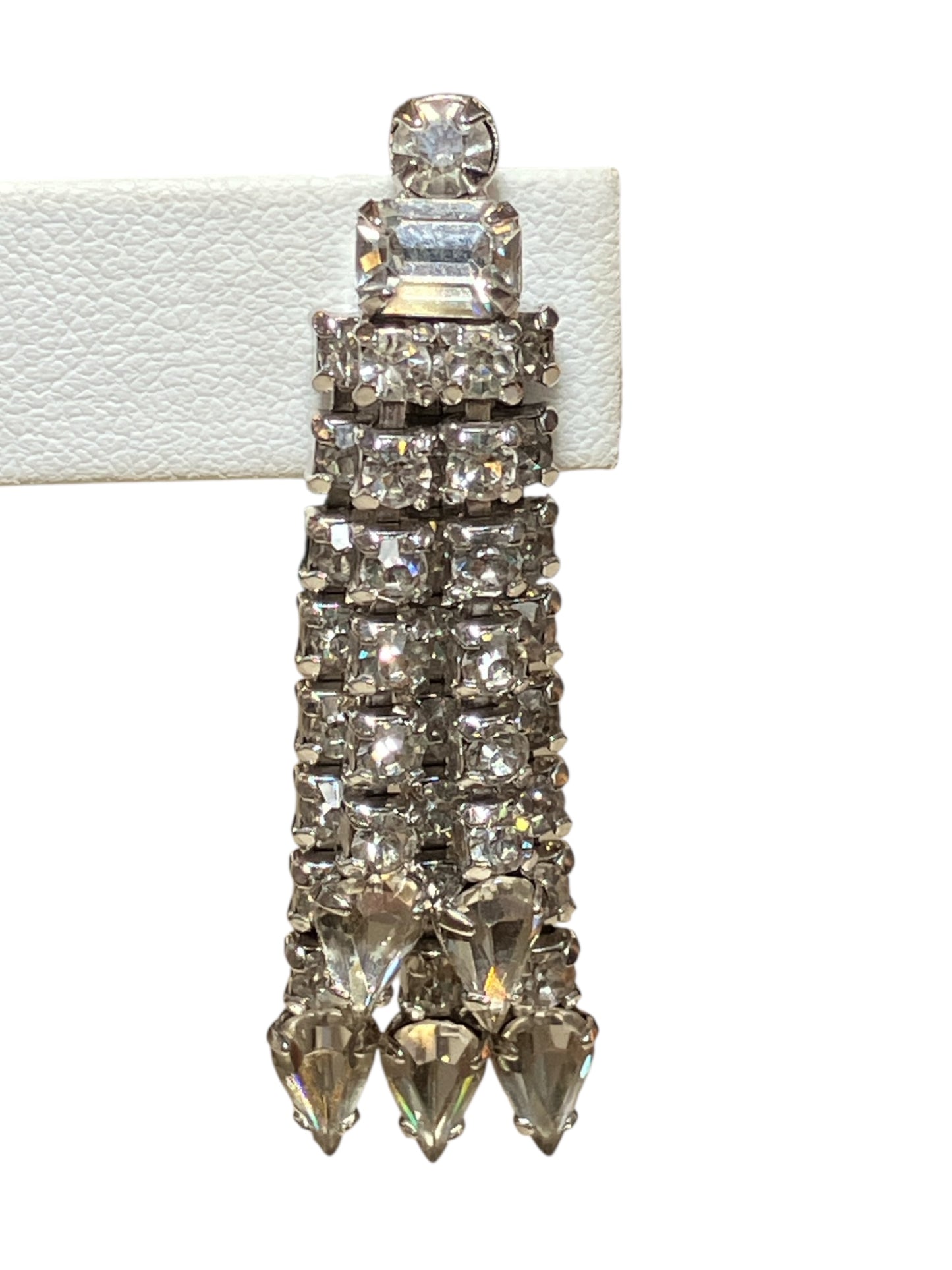 Stunning Vintage 1950s Luxe Screw Back Rhinestone Earrings Tassel Style Heavy Layered Clear Stones