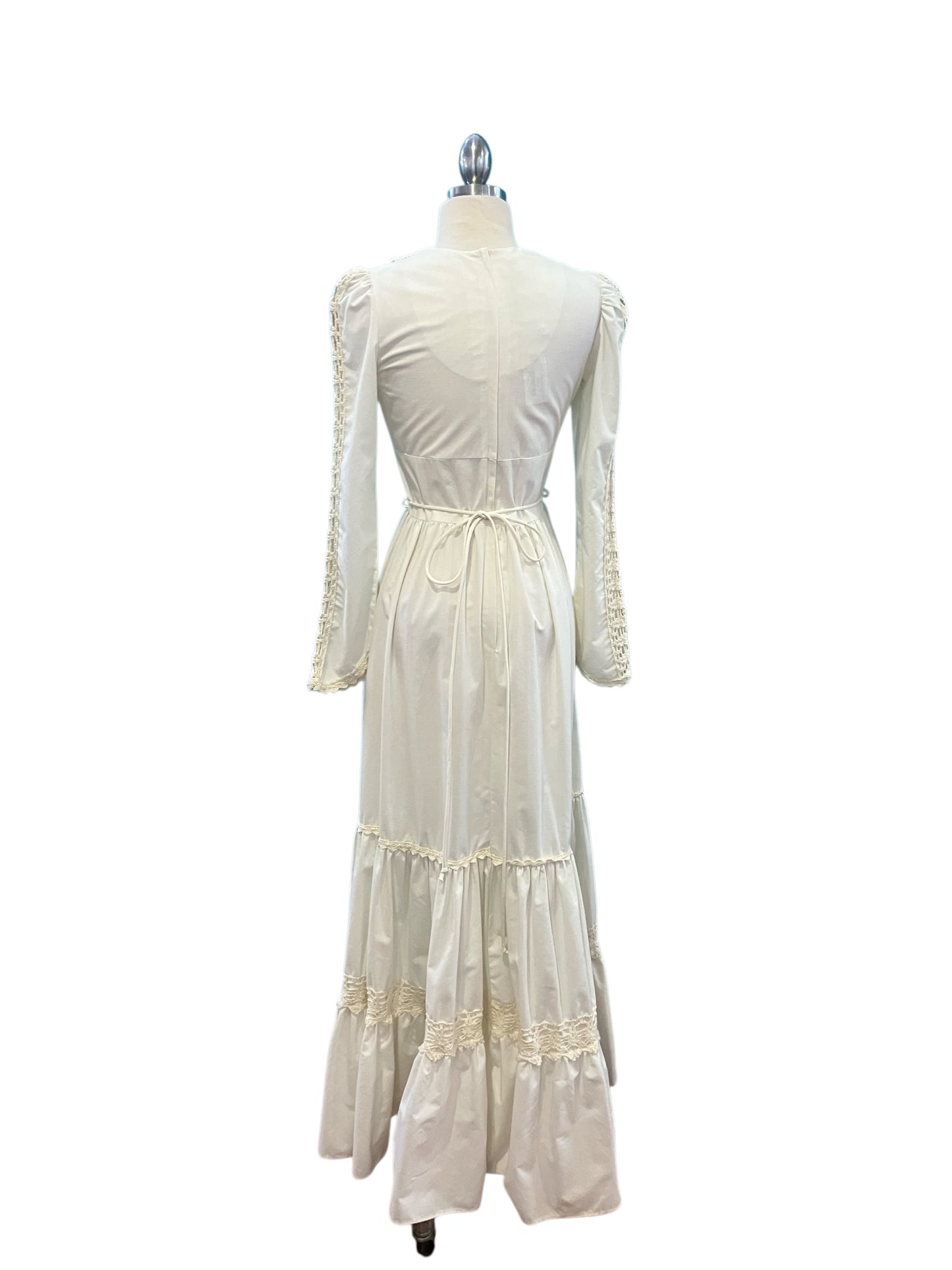 Vintage Gunne Sax White Cotton Boho Maxi Dress with Criss Cross Waist Tie and Crochet Lace
