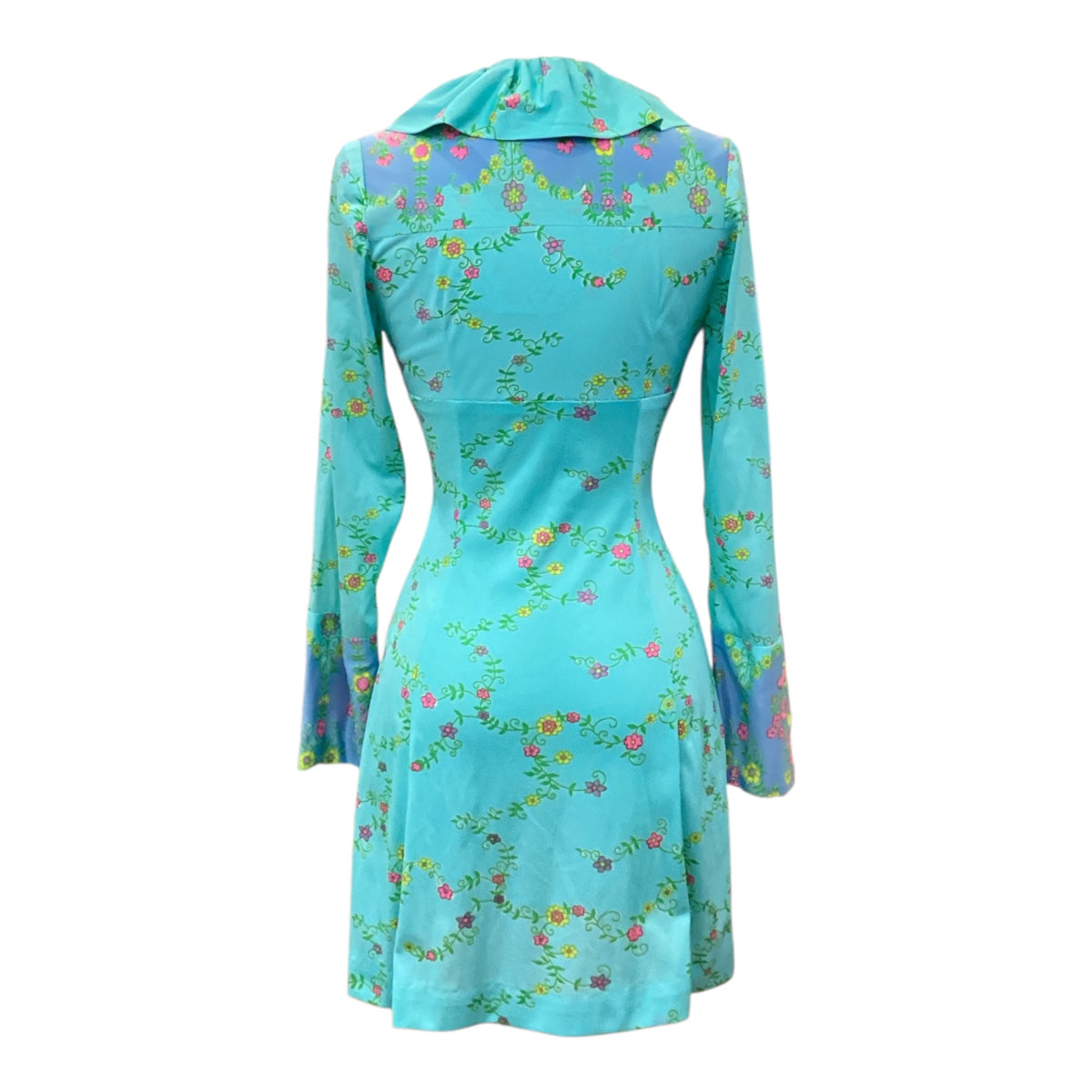 Vintage 1960s Mini Dress Sunday’s Child Label Ditsy Floral Print Ruffle Collar Turquoise Periwinkle