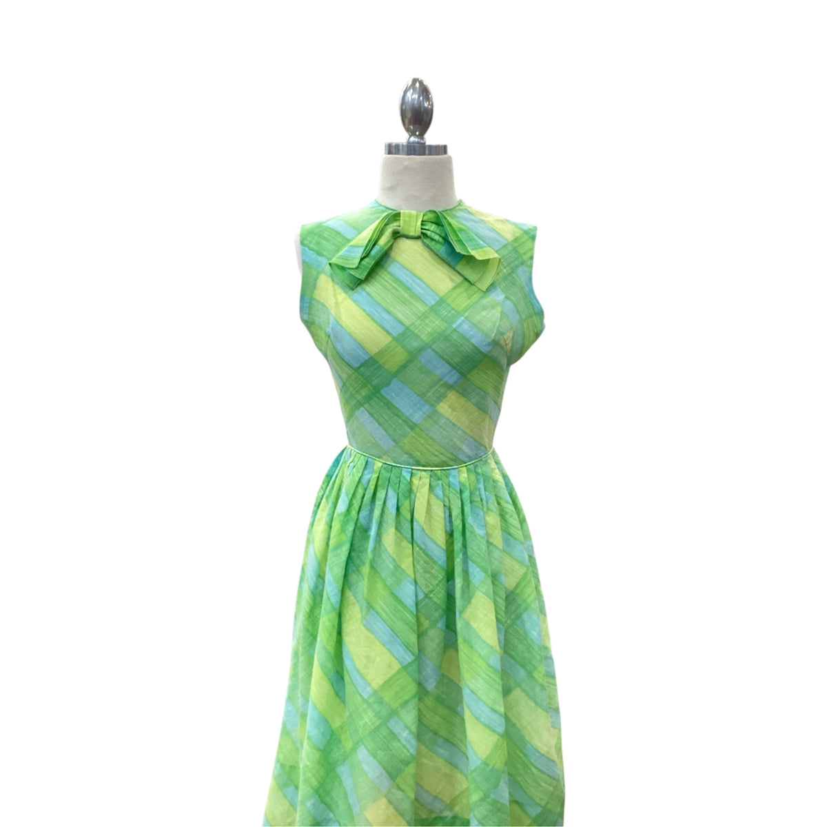 Vintage Early 1960s Gay Gibson Lime Green and Blue Abstract Gingham Shirtdress with Bow Nylon Zipper