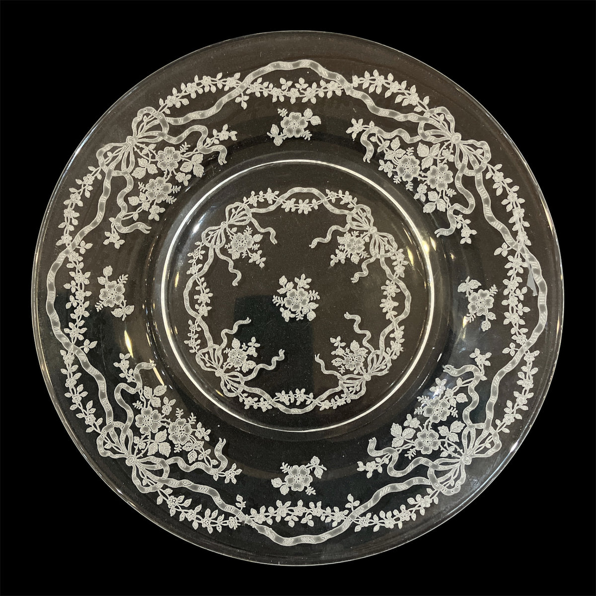 Vintage Etched Clear Glass 1940s-1970s “Romance” Pattern Ribbons Bows Ditsy Floral Design Salad Plate Set of 8 Sold Together (8pc)