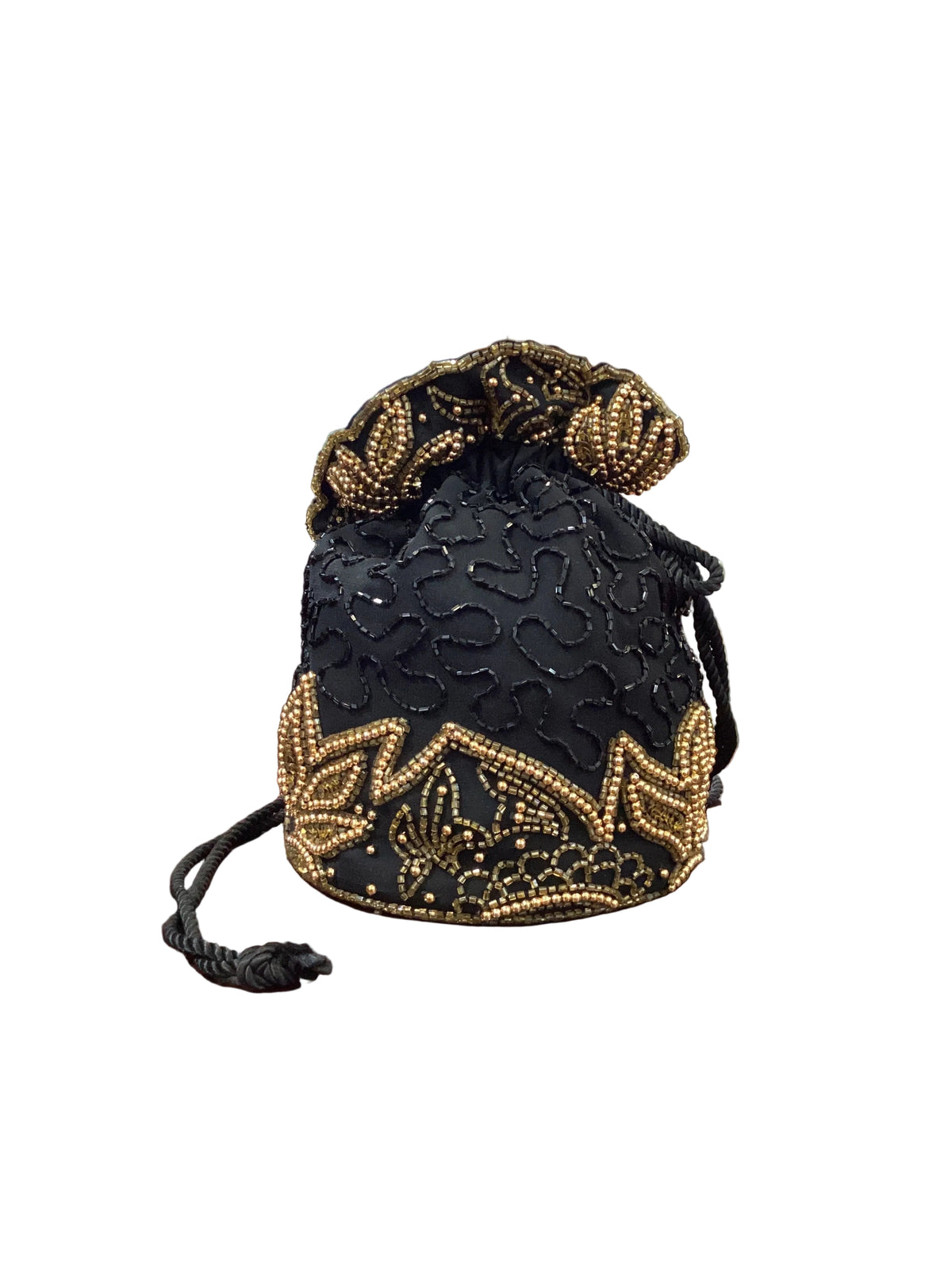 Vintage One of a Kind Black Gold Beaded Drawstring Pouch