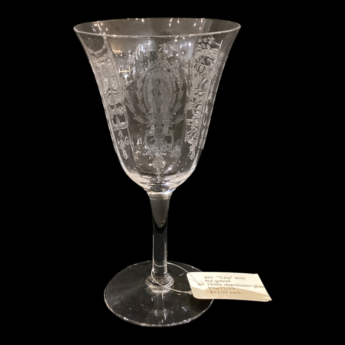 Vintage 1940s Hand-etched “Tulip” Pattern Depression Glass Goblet Sold Individually