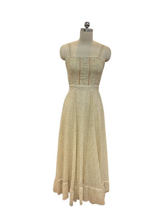 Vintage Gunne Sax by Jessica Beige Floral Sundress with Gold Trim Square Neckline Tie Waist Fit And Flair Summer Dress Size 11