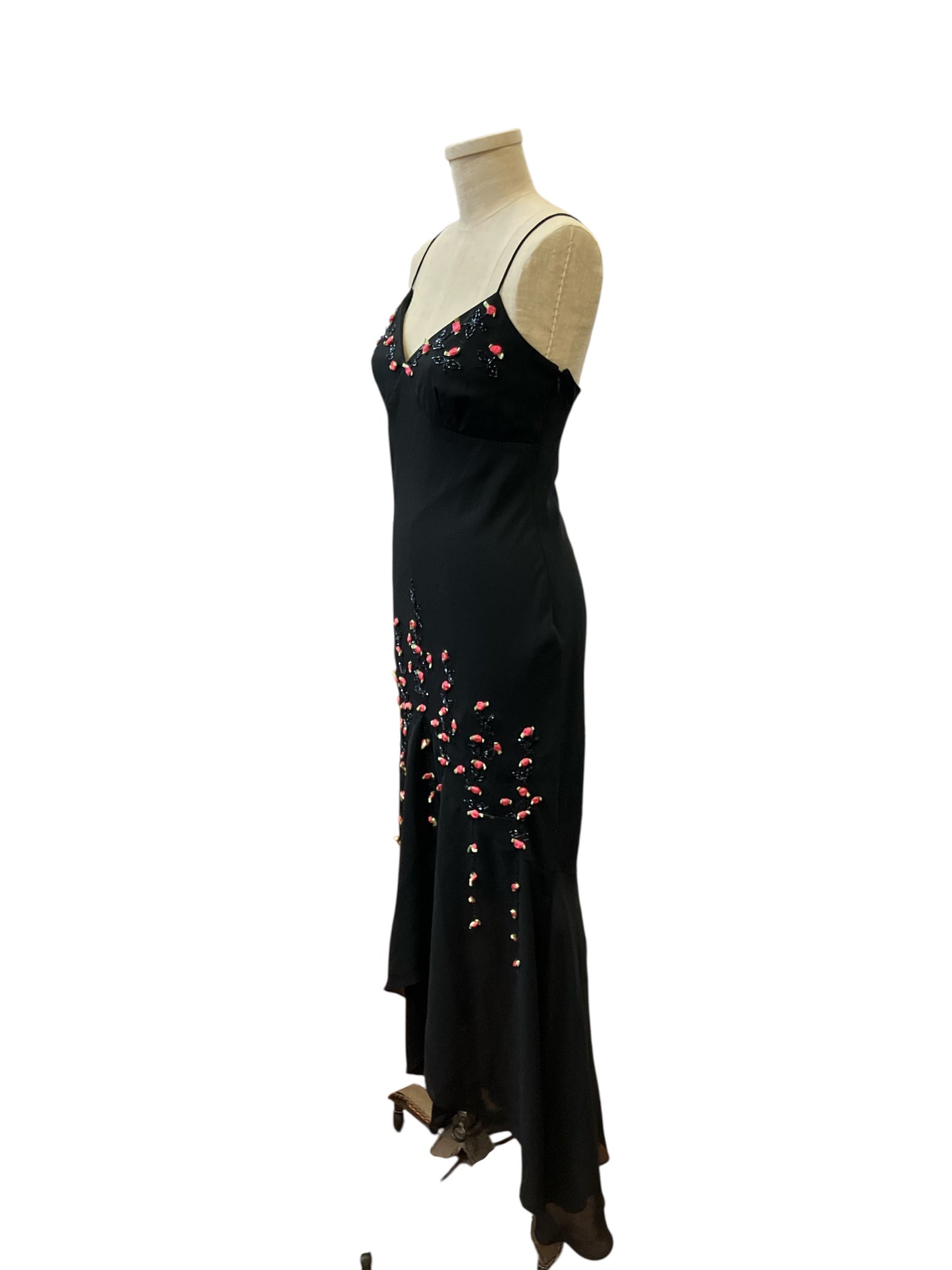 Vintage Zum Zum by Niki Livas Black High Low Bias Cut Chiffon Dress with Hot Pink Ribbon Rosette Detail