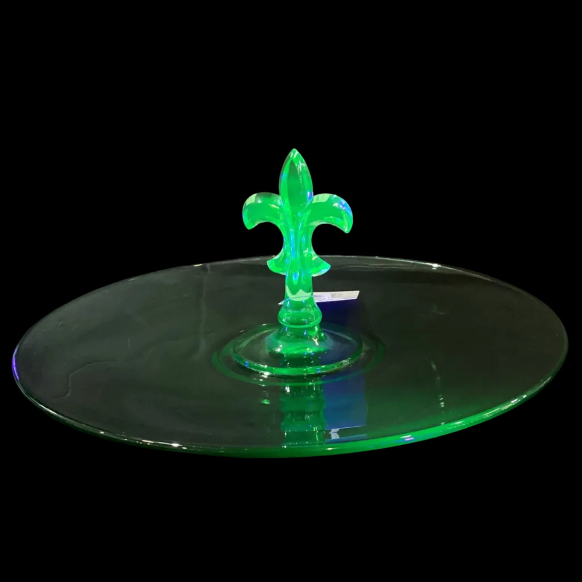 Vintage Uranium Depression Green Glass Cookie Dessert Tray with Fleur de Lis Handle Centerpiece (1pc)