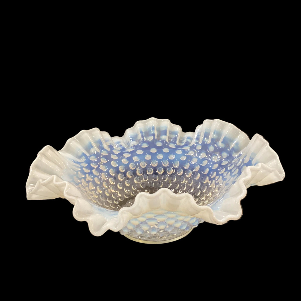 Exquisite Vintage Fenton Hobnail Opalescent Clear Blue White Ombré Large Glass Bowl Crimped Edges (1pc)