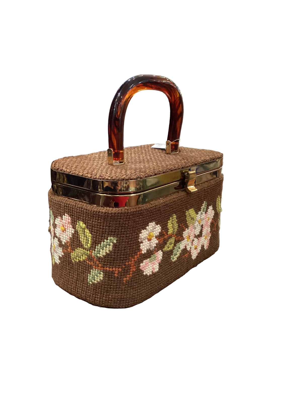 Vintage 1950s Brown Floral Needlepoint JR Florida Handbag Hard Shell Lucite Handle Fabric Lining