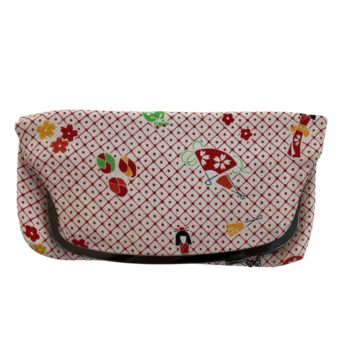 Vintage Japanese Silk Kimono Folding Purse Kisslock Closure and Gray Metal Hardware