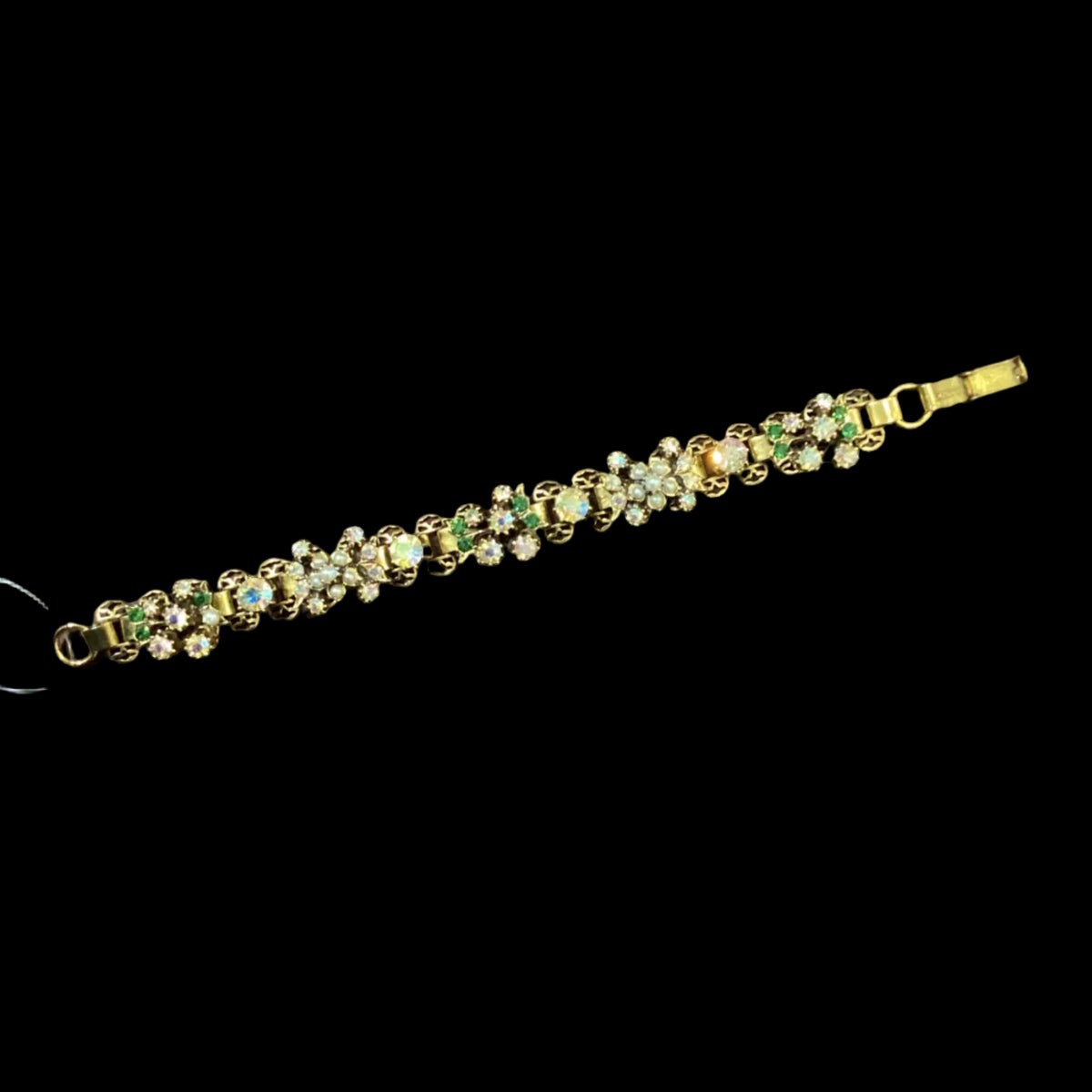 Vintage Mark Florenza Iridescent Rhinestone Bracelet With Emerald Green and Pearl Accents Possibly Gold Plated