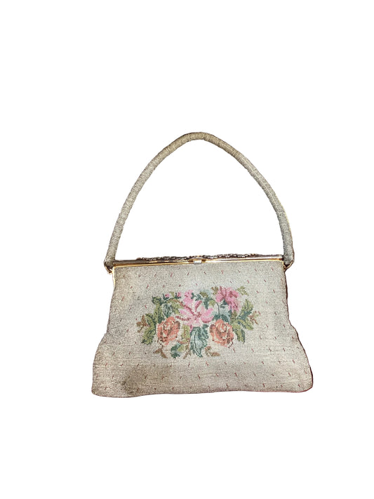 Vintage 1950s Petit Pointe Needlepoint Beaded Bag Floral Silver Purse With Marcasite Stones