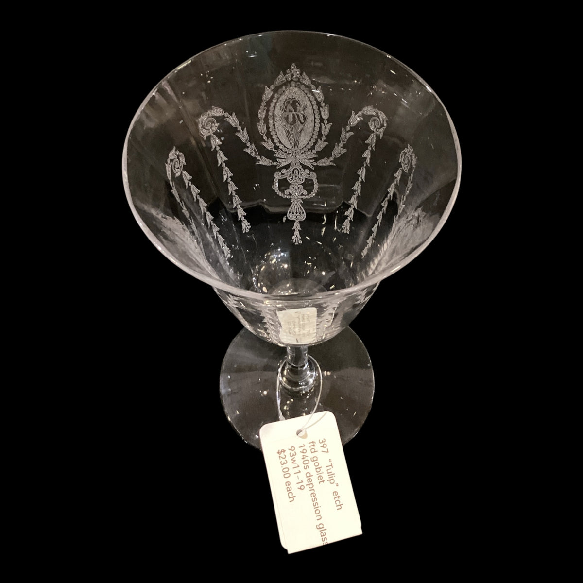 Vintage 1940s Hand-etched “Tulip” Pattern Depression Glass Goblet Sold Individually