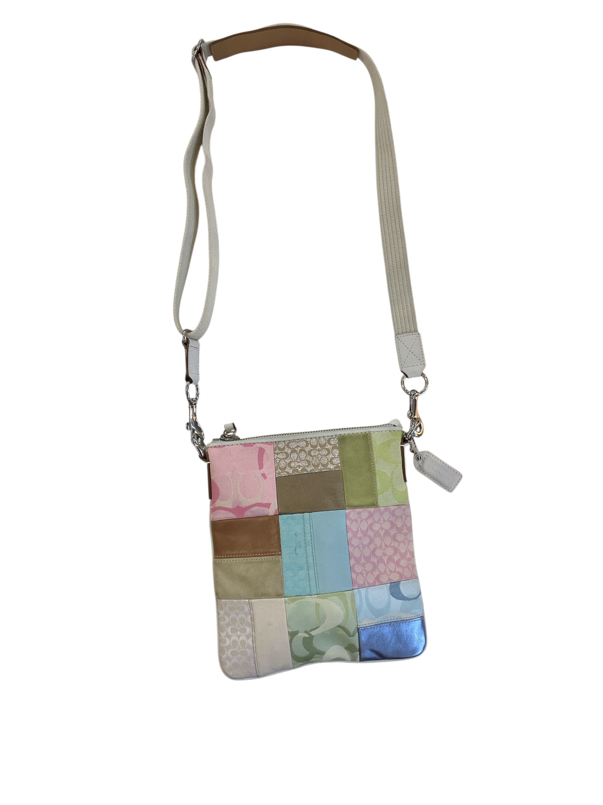 Vintage Y2K Coach Early 2000s Pastel Signature Canvas Patchwork Style Adjustable Crossbody White Leather Trim