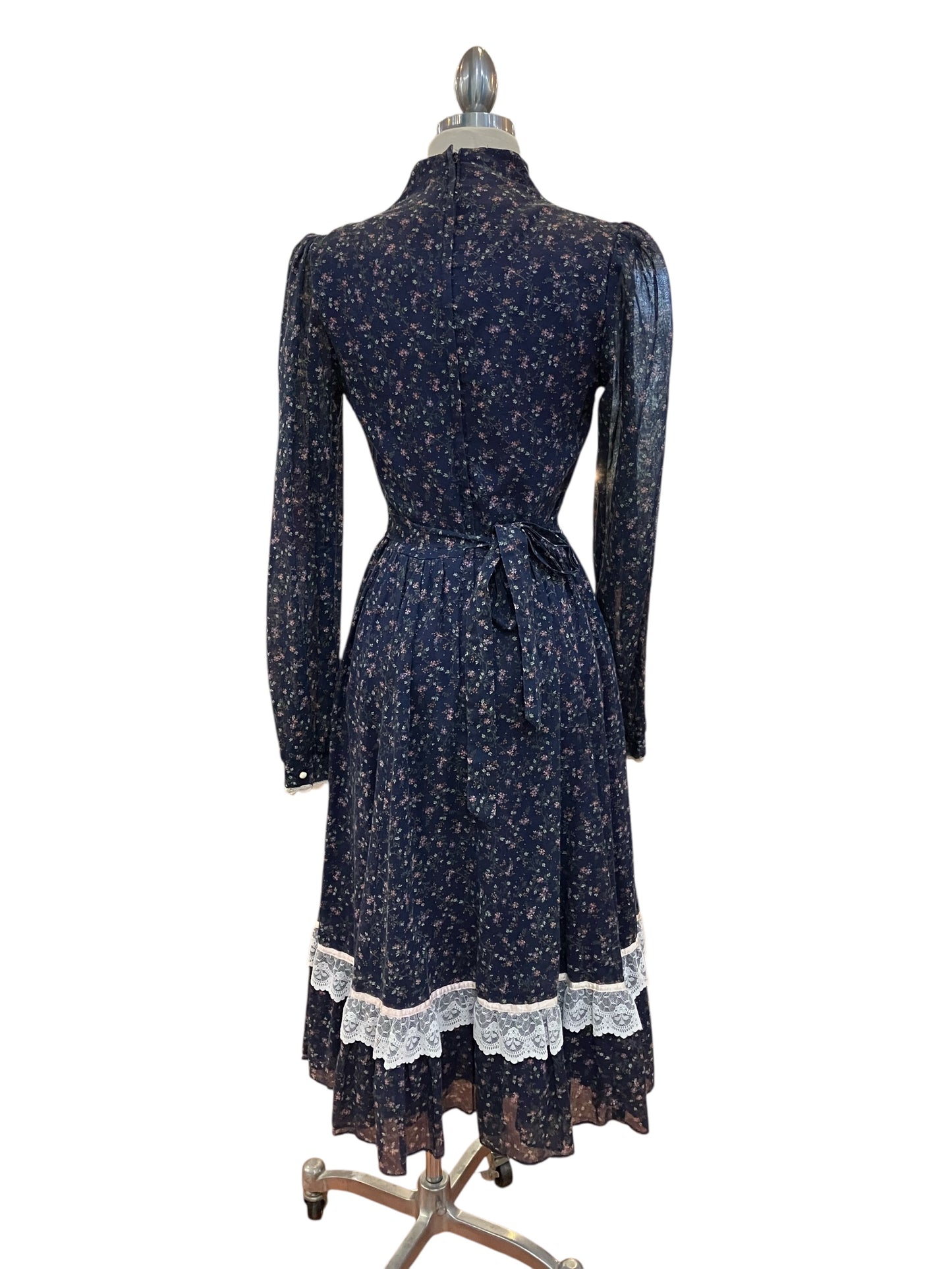 Vintage Gunne Sax Navy Blue Floral Voile with White Lace Trim