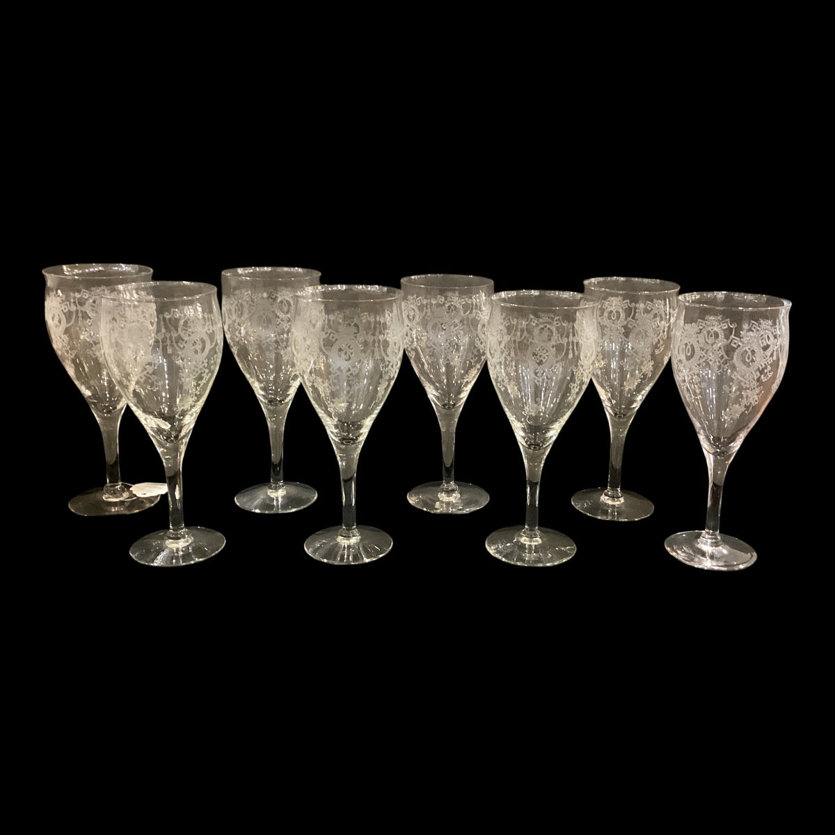 Vintage Etched Water Goblets Set of 8 Monongah Glass Company Later Hocking Laurel Wreath and Swags Art Nouveau Patten Glasses Sold Together (8pc)