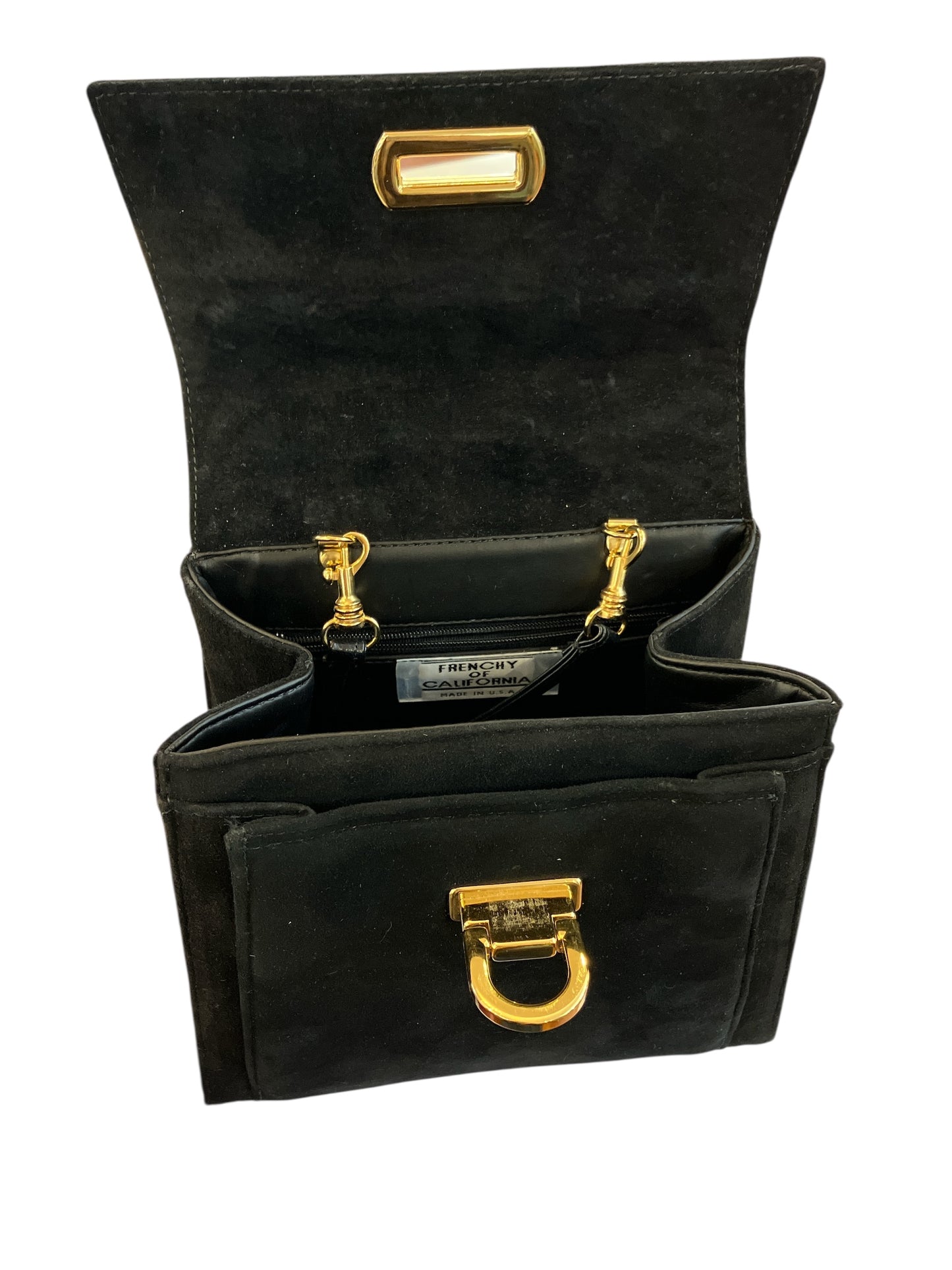 Vintage Frenchy of California Black Suede Bag With Calfskin Leather Accents and Gold Hardware Detachable Crossbody Strap Ferragamo Style